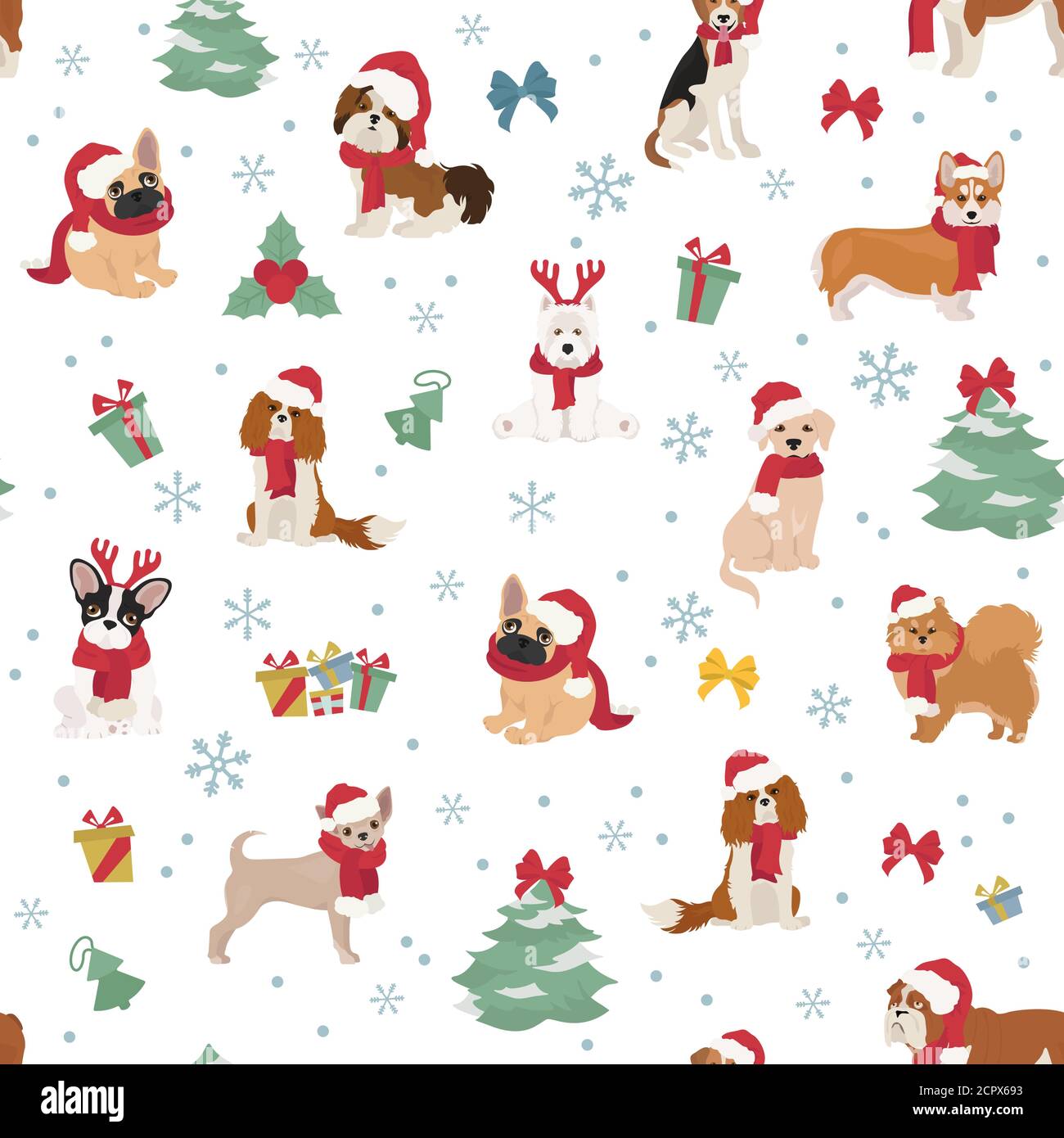 Personnages de chien en chapeaux et foulards de père Noël. Motif de Noël sans coutures. Illustration vectorielle Illustration de Vecteur