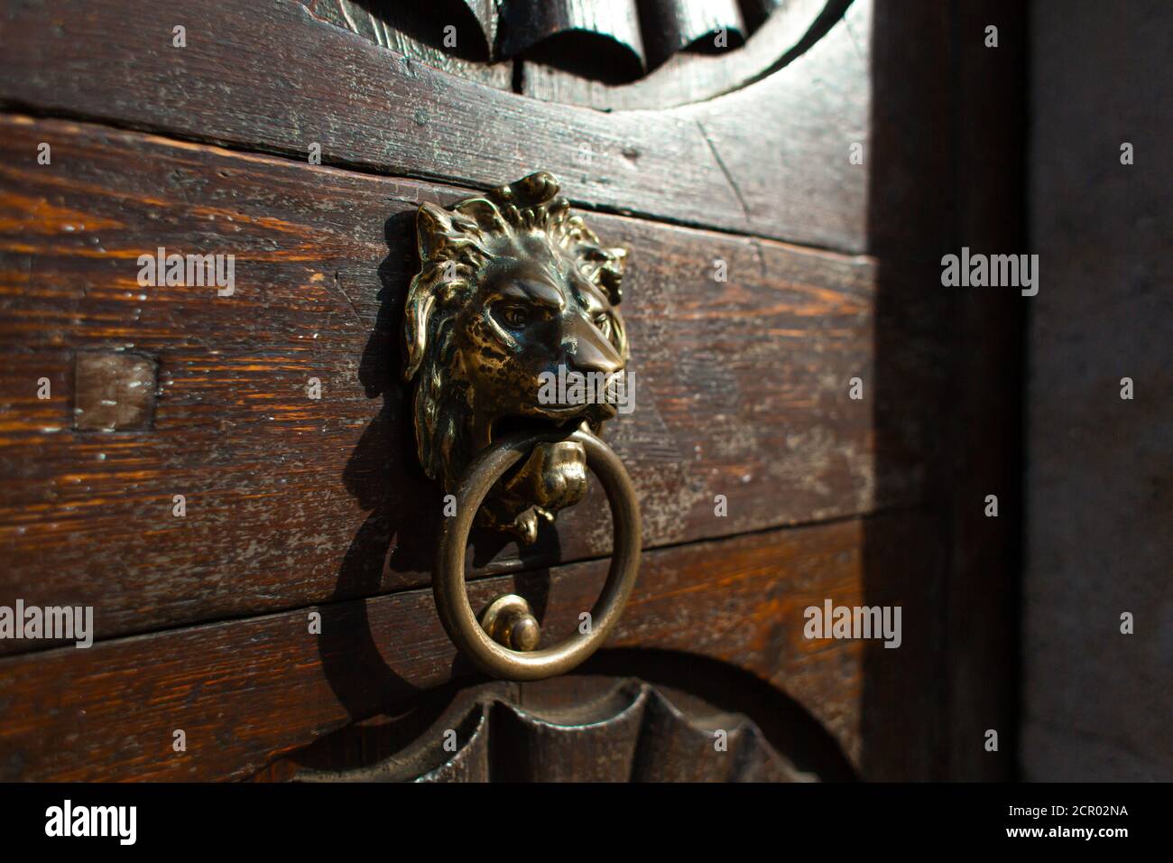 Porte ancienne avec un porte-knock sous la forme d'une tête de lion tenant un anneau dans ses dents. Architecture de la vieille Europe, détails. Banque D'Images