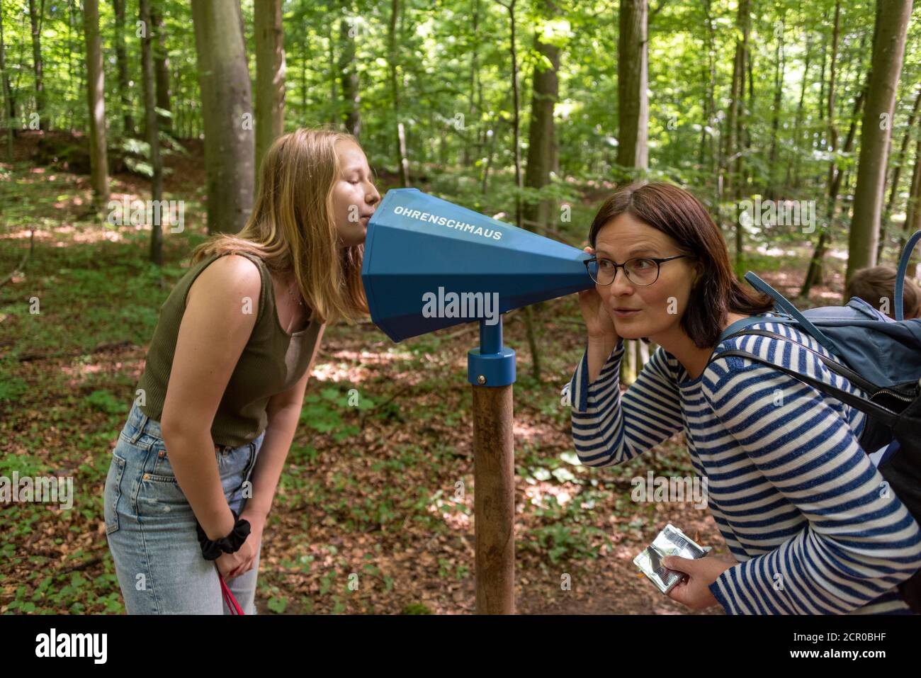 Allemagne, Mecklembourg-Poméranie occidentale, île de Ruegen, Blieschow, une femme écoute la forêt, le sens et le chemin tactile dans la réserve de biosphère Banque D'Images