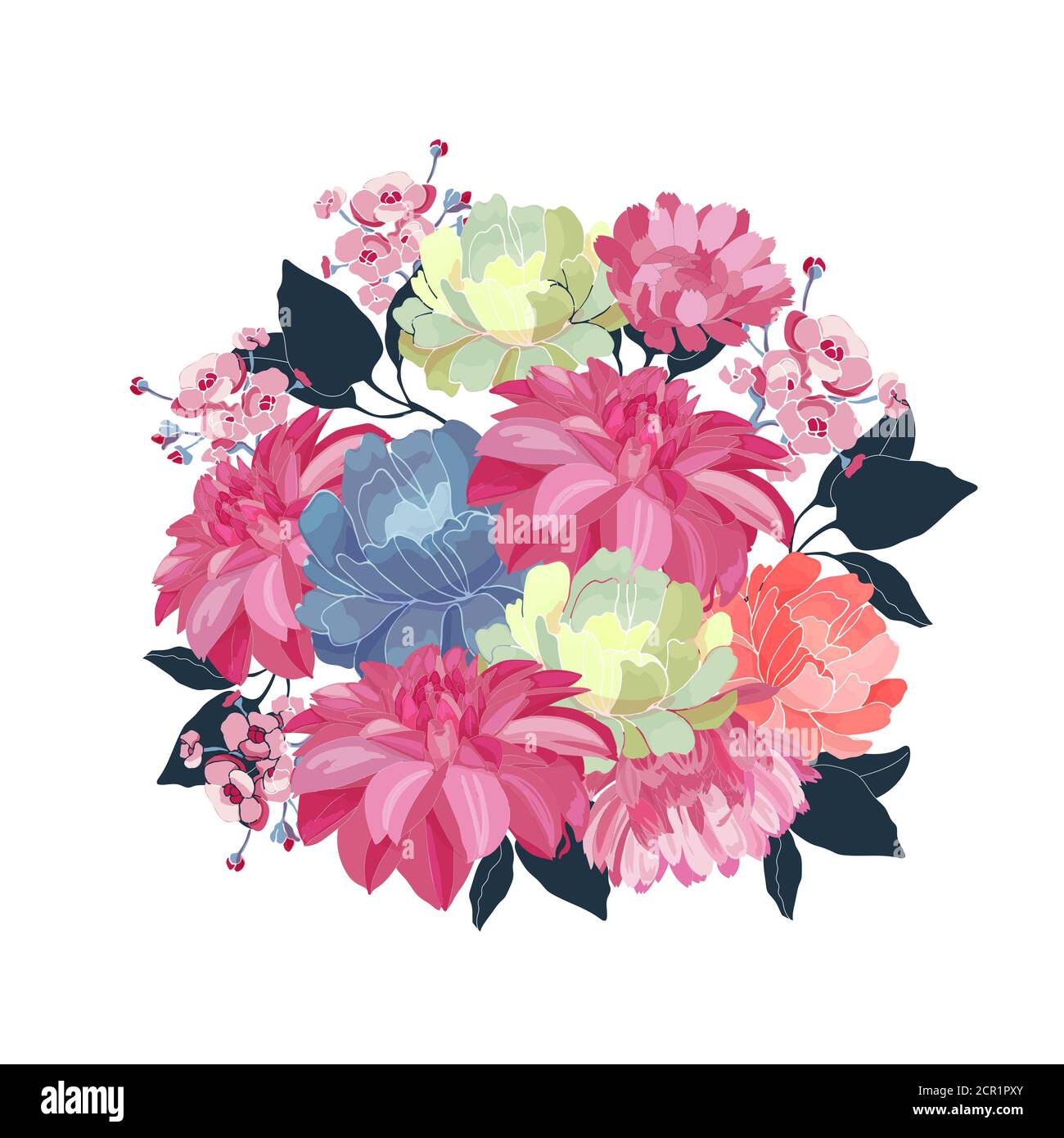 Bouquet floral. Fleurs vectorielles roses, jaunes et bleues sur fond blanc. Illustration de Vecteur