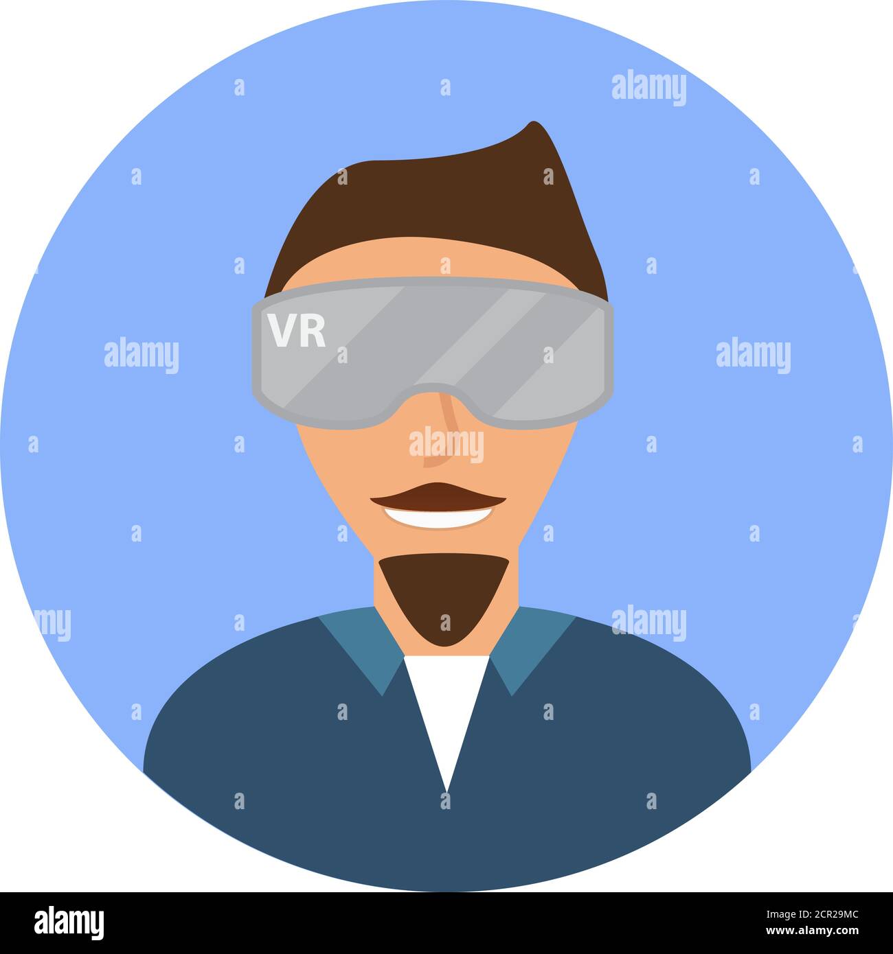 Un personnage de dessin animé avec une icône plate de lunettes de réalité virtuelle. Illustration de Vecteur