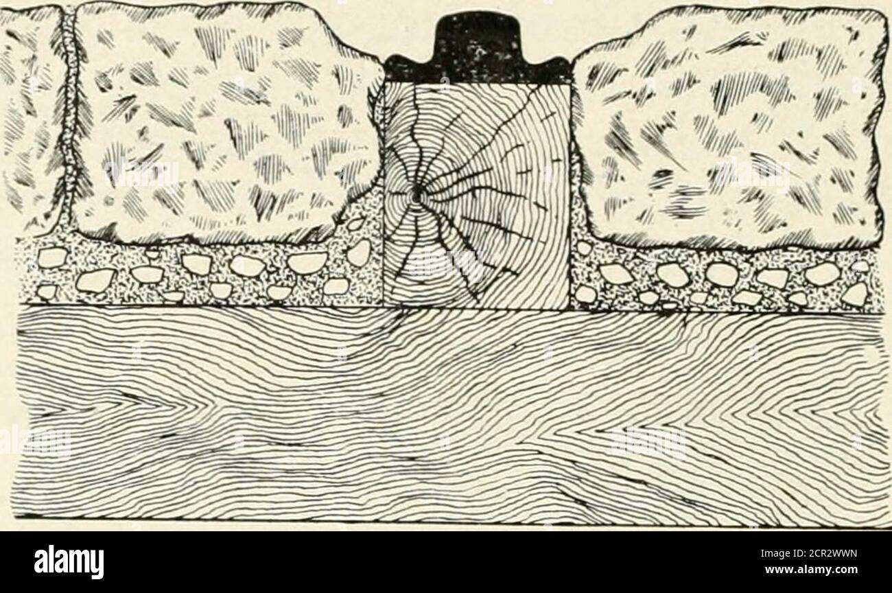 . Rapport sur les caractéristiques techniques et opérationnelles du problème des transports à Chicago . FU;RRCK 43. KIGIRK 44. FKilRE 45. 178 LE PROBLÈME DE TRANSPORT DE CHICAGO en dessous de la tête du rail sous le poids du trafic de rue.comme indiqué dans la figure 4(), où le vase en béton a été utilisé le pavé est resté juste où il a été mis, avec le résultat thatThere est un rout profond le long de chaque ligne de rails, le fond de la baleine sur un ee avec la tête de rail ou le tram. FICURE 46. La figure 48 montre une partie d'un chemin de câbles dans le pavé asphalté. Le creux à l'intérieur du rail de la voie eacli montre où le nous Banque D'Images