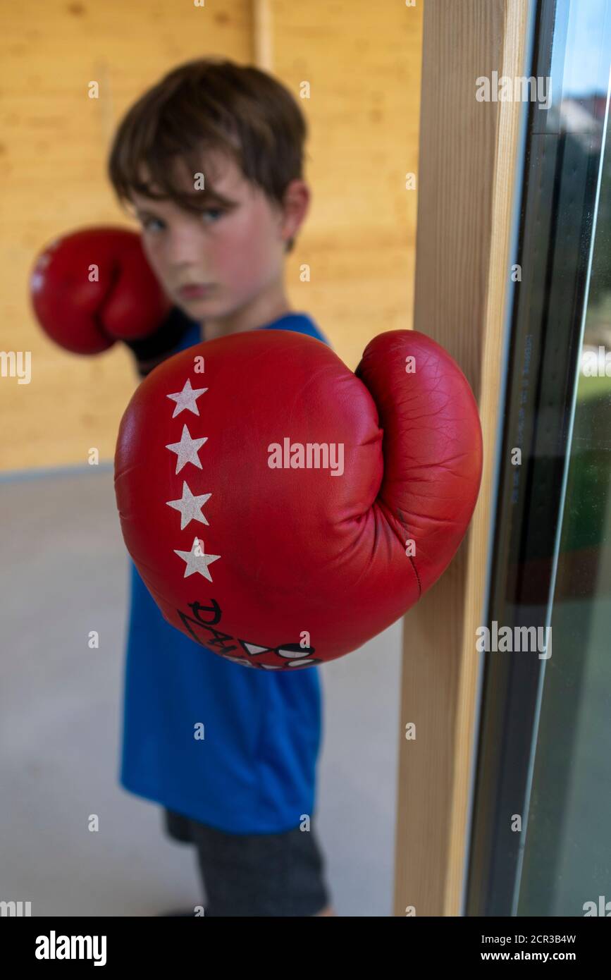 Garçon porte des gants de boxe Banque D'Images