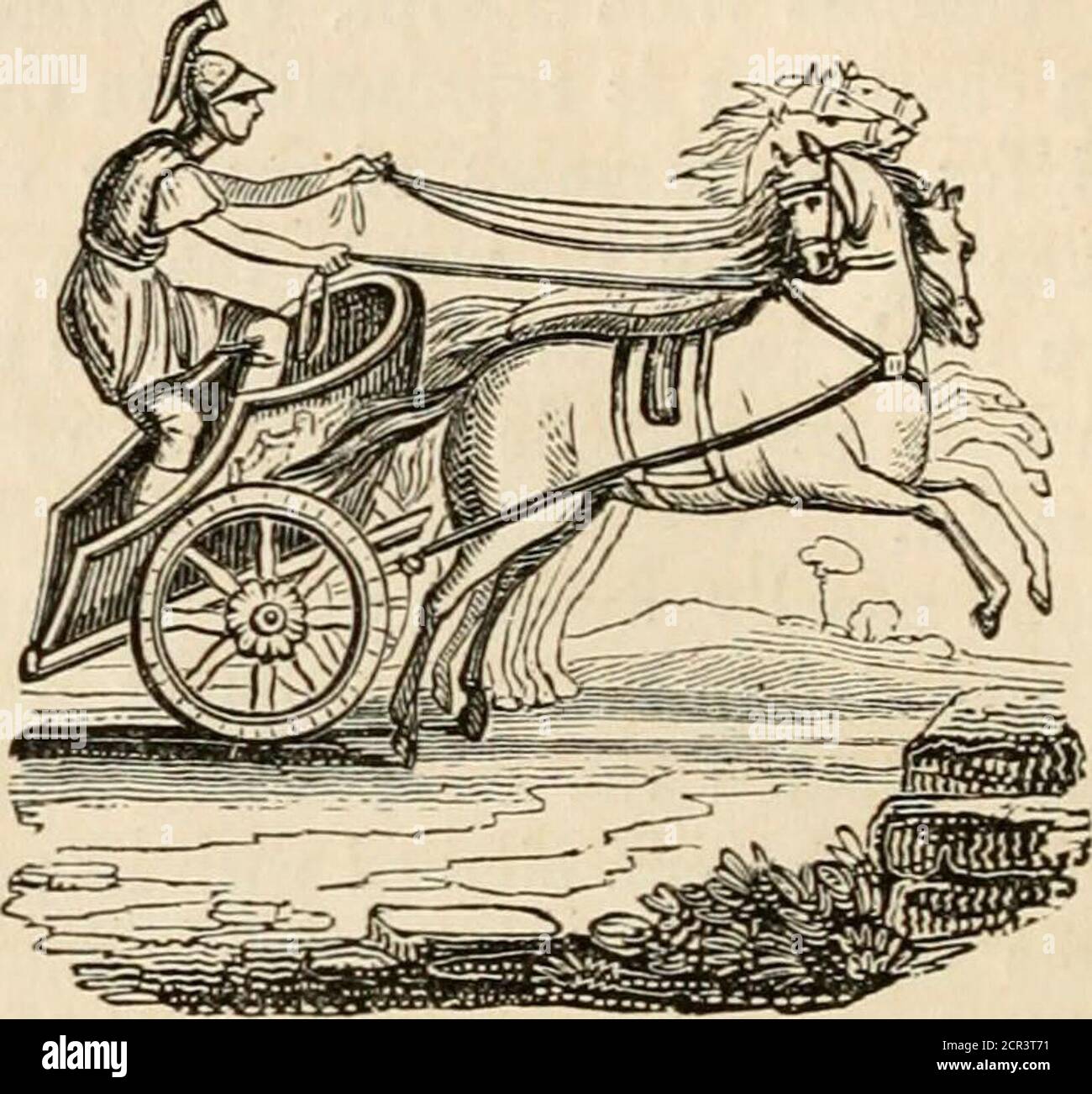 . Les routes et chemins de fer, les véhicules, et les modes de déplacement, des pays anciens et modernes; avec des comptes de ponts, tunnels et canaux, dans diverses parties du monde . Image ancienne d'un Chariot grec. Le romain, concourant aux Jeux Olympiques avec cinq chevaux en cordelés à son char, est donné dans la coupe annexée. Avec les Grecs plus tard, et avec les Romains, les chars 236 VÉHICULES MODERNES. Ont été principalement utilisés aux courses des Jeux Olympiques en Grèce. Ancien Charioteer romain. Revenons maintenant à l'état et à l'utilisation des véhicules modernes, Avhether ayant deux ou plusieurs Avheels. C’est si long Banque D'Images