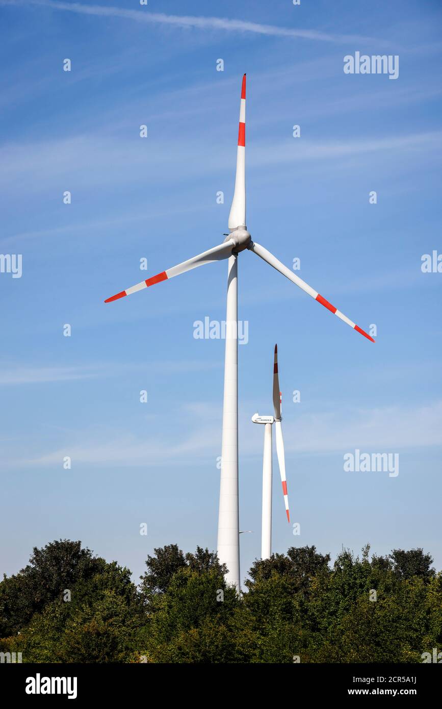 Juechen, Rhénanie-du-Nord-Westphalie, Allemagne - éoliennes dans un ciel bleu. Banque D'Images