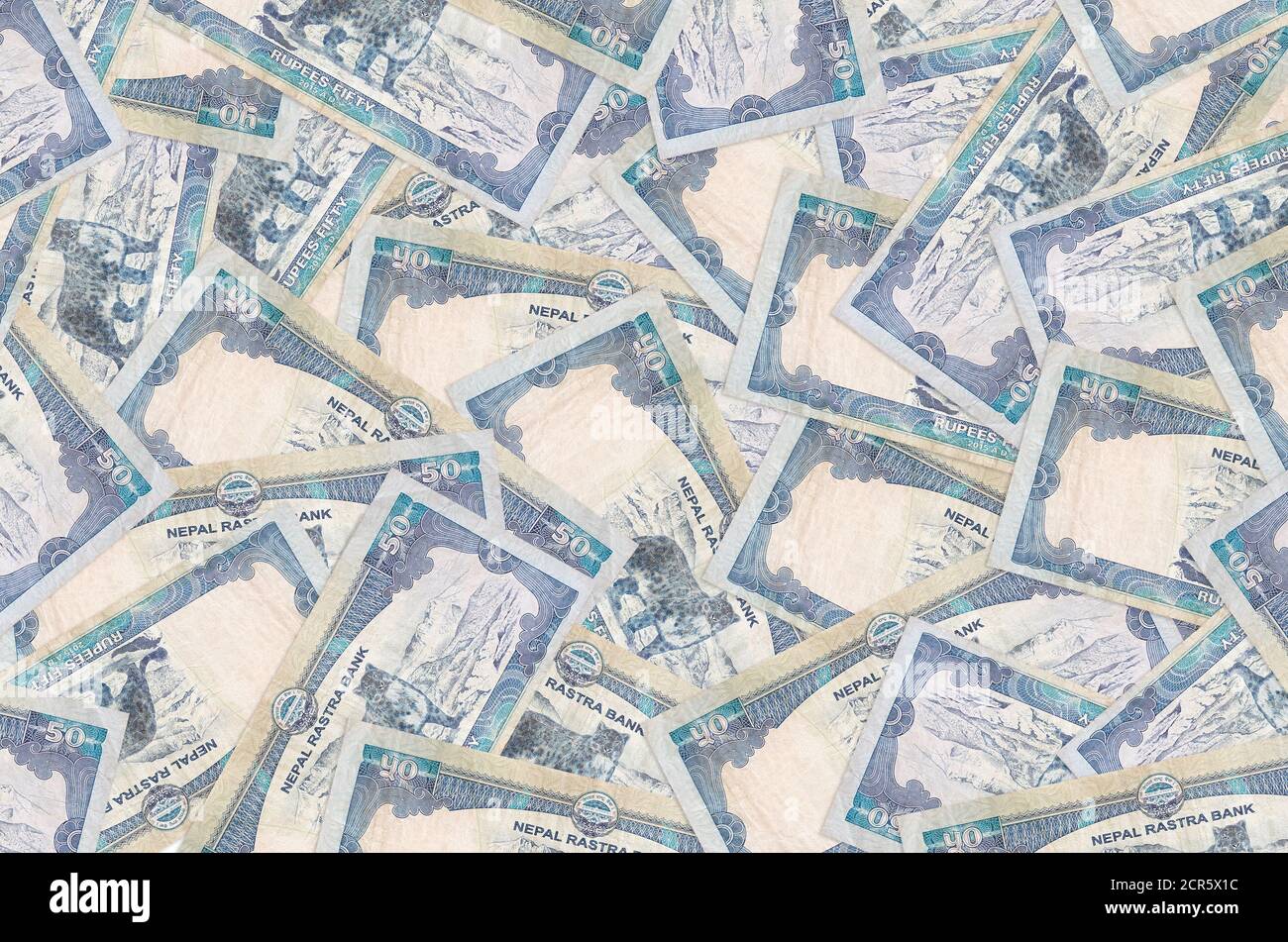 50 les bills de roupies népalaises se trouvent dans une grosse pile. Fond conceptuel riche de la vie. Beaucoup d'argent Banque D'Images
