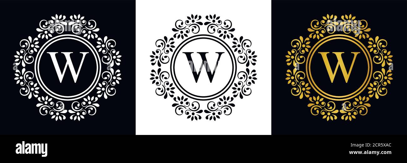 Lettre or W. Vintage ensemble noir, blanc et or fleur ornement lettres initiales. Alphabet. Vecteur de logo Illustration de Vecteur