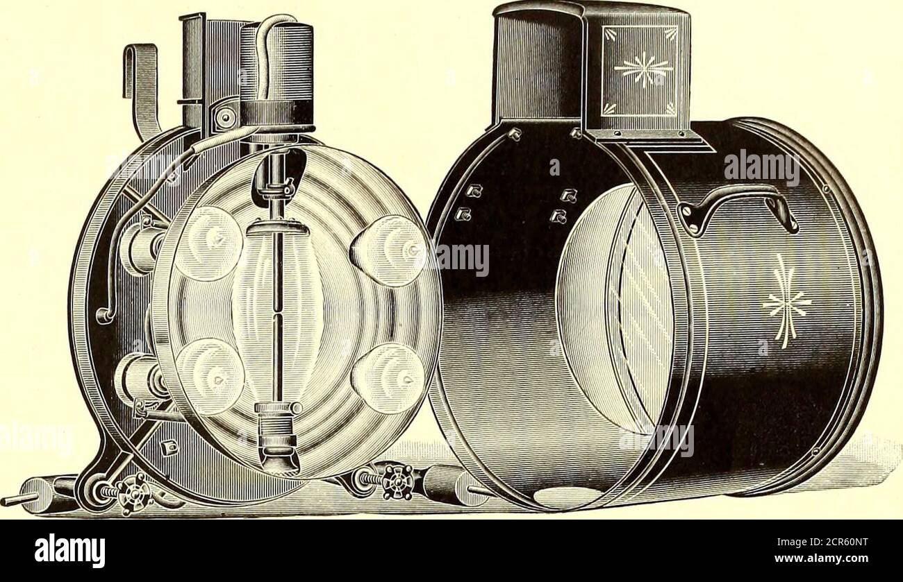 . Le journal de chemin de fer de rue . rc, %-in. Carbones sont utilisés. Le mécanisme de lampe est fixé à un dos en fonte et le boîtier en acier de tôle est fixé au même par deux vis. La lampe a une hauteur de 18 pouces, une profondeur de 10 pouces et un diamètre de 14 pouces. Aucun soudage ou rivetage n'est utilisé dans la construction. La semelle est protégée et recouverte d'un capot en fonte boulonné sur le boîtier. Grâce à sa construction simple, la lampe est nettoyée et taillée. Il fonctionnera sur des courants de ij4 ampères, et est déclaré comme étant la lampe la plus économique et la plus efficace du marché. Attribué à a d Banque D'Images