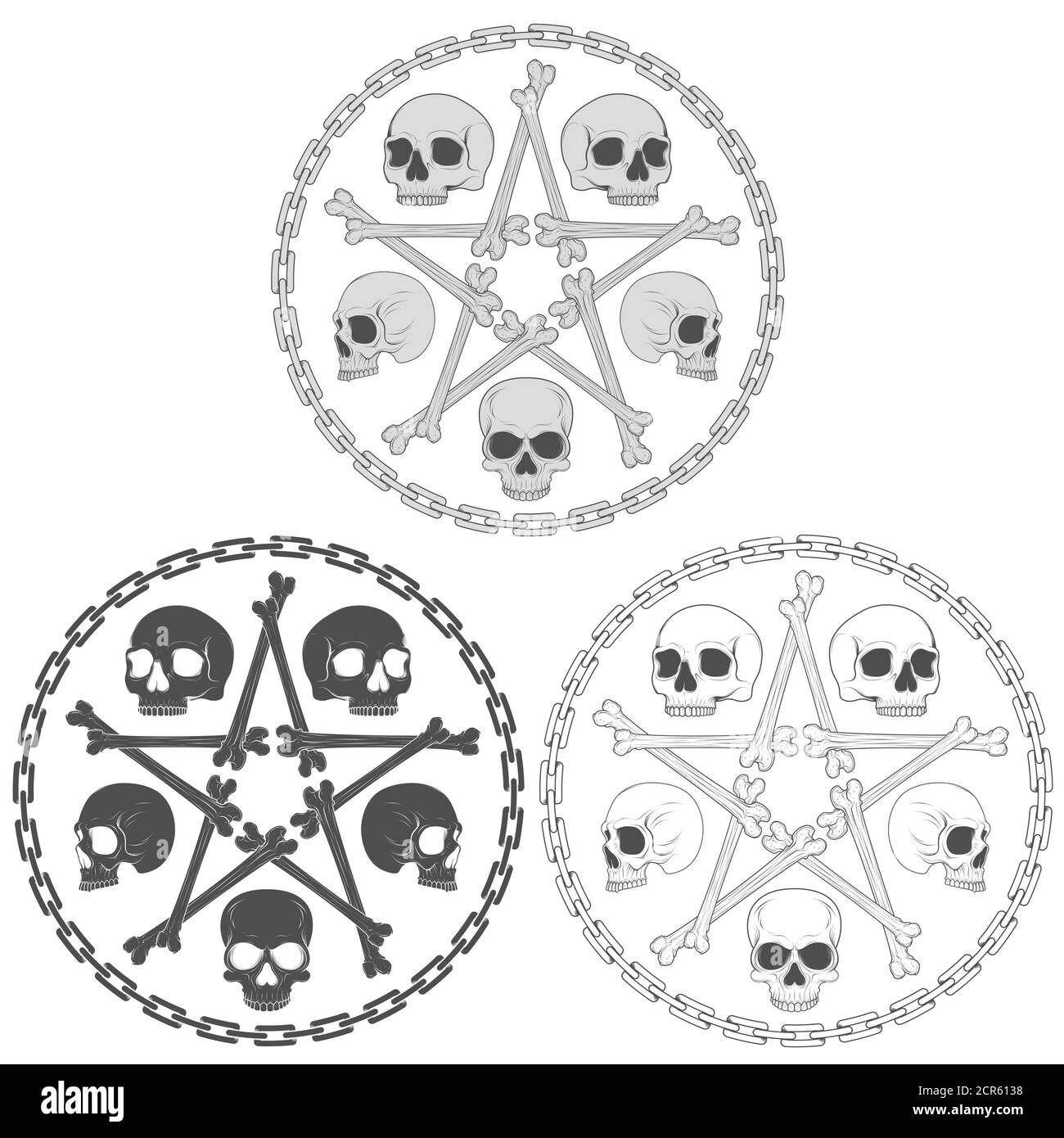 Illustration vectorielle de crânes avec os stara entouré d'un cercle en chaîne, en niveaux de gris Illustration de Vecteur