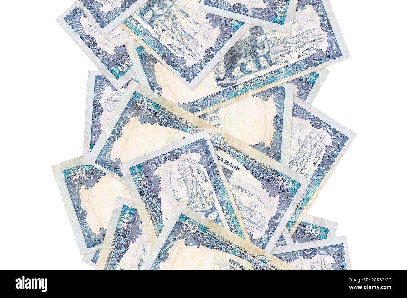 50 rupees népalaises bills volant isolé sur blanc. De nombreux billets tombant avec un espace de copie blanc à gauche et à droite Banque D'Images