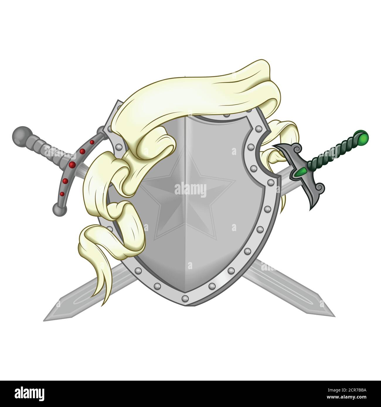 Illustration d'un blason avec rubans et deux épées, le tout sur fond blanc. Illustration de Vecteur