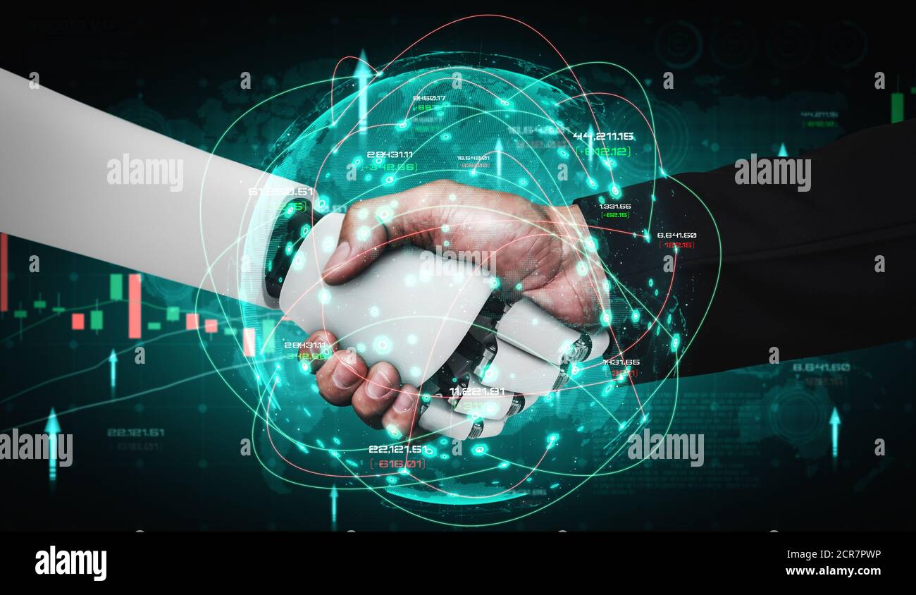 Future technologie financière contrôlée par robot ai à l'aide de l'apprentissage machine et l'intelligence artificielle pour analyser les données métiers et donner des conseils activé Banque D'Images
