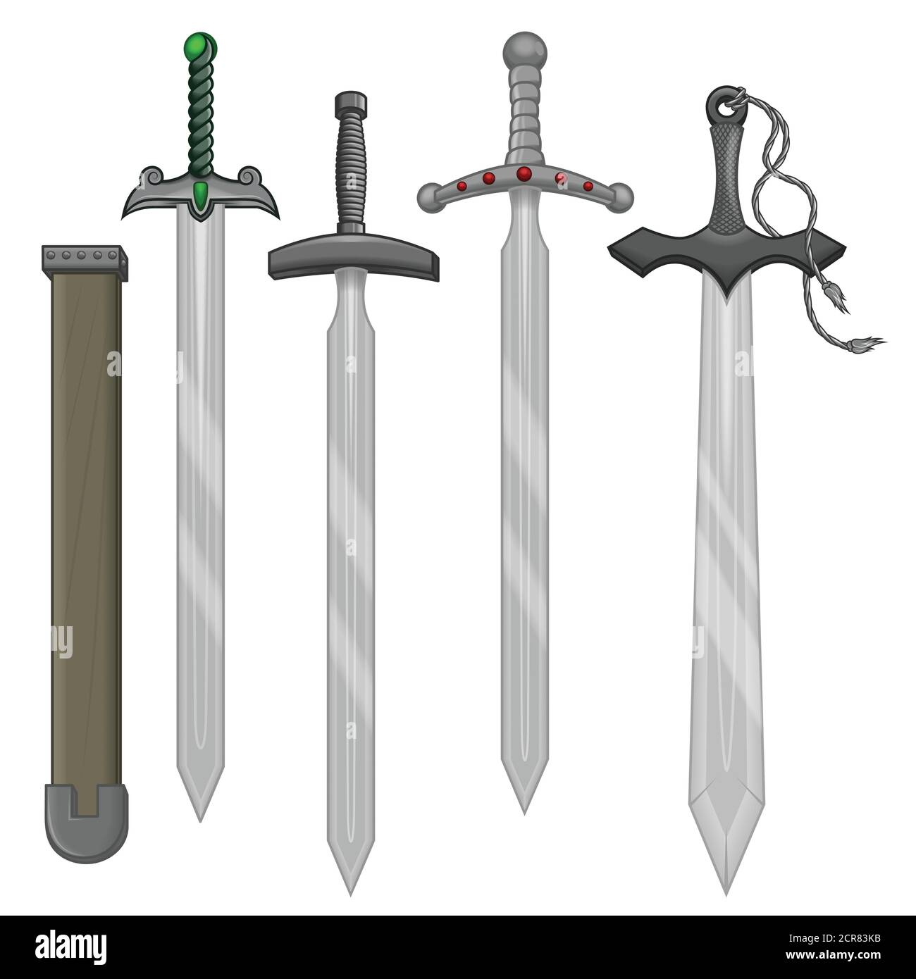Illustration de quatre styles d'épées avec un fourreau, toutes sur fond blanc. Illustration de Vecteur