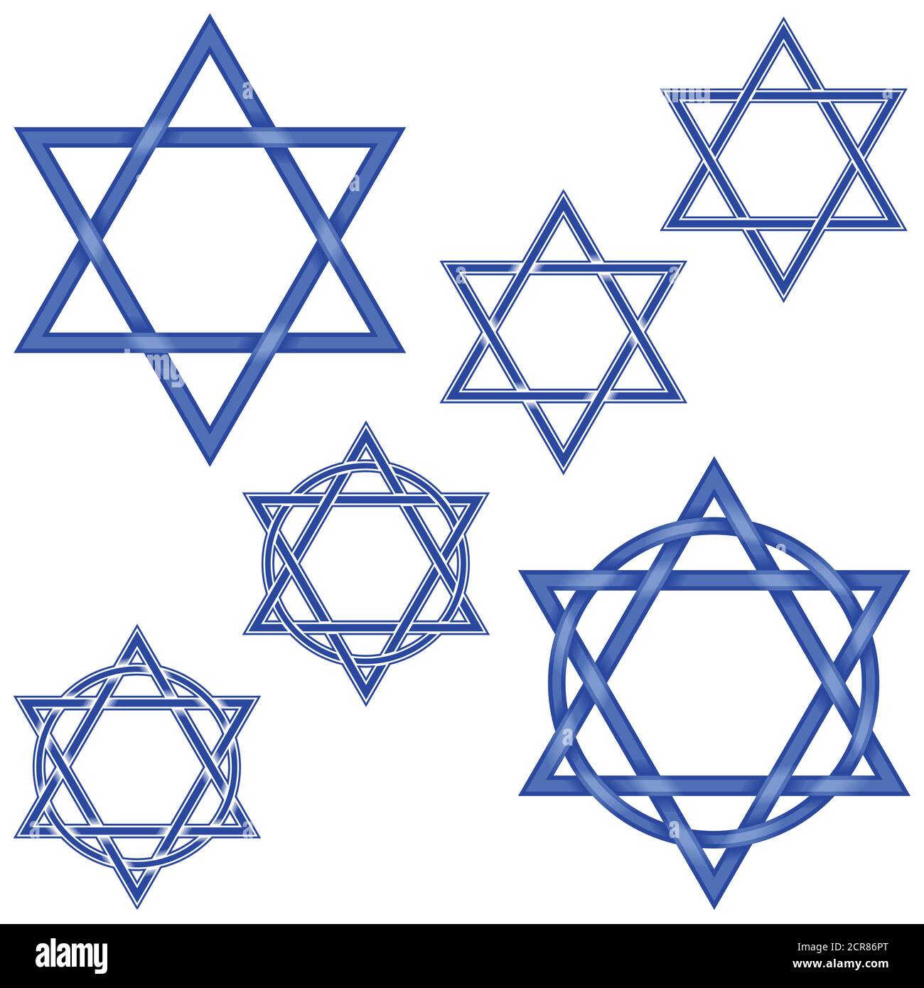 Illustration de 6 étoiles entrelacées hexagramme et avec cercle, en bleu, le tout sur fond blanc, facile à changer de couleur et à utiliser Illustration de Vecteur