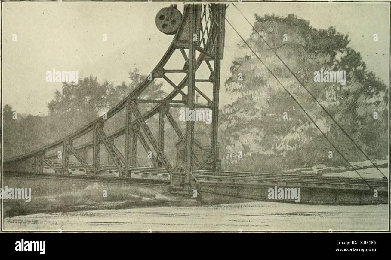 . Le génie ferroviaire et de locomotive : une revue pratique de la force motrice ferroviaire et du matériel roulant . osition. Le pont en tant que structure de chemin de fer est protégé par des dérailles et des signaux, et constitue un exemple unique du type de pont de base adapté à l'écart qu'il couvre. La levée du pont donne une voie navigable absolument inobstruée. Peut-être l'exemple le plus moderne du pont de bascule est celui de type ascenseur de theroler, une photographie de ce que nous avons pu reproduire comme l'ourfrontispiece. Il montre les ponts à double rollerlift au-dessus de la rivière Chicago, construit pour le Chicago terminal TransferRailro Banque D'Images