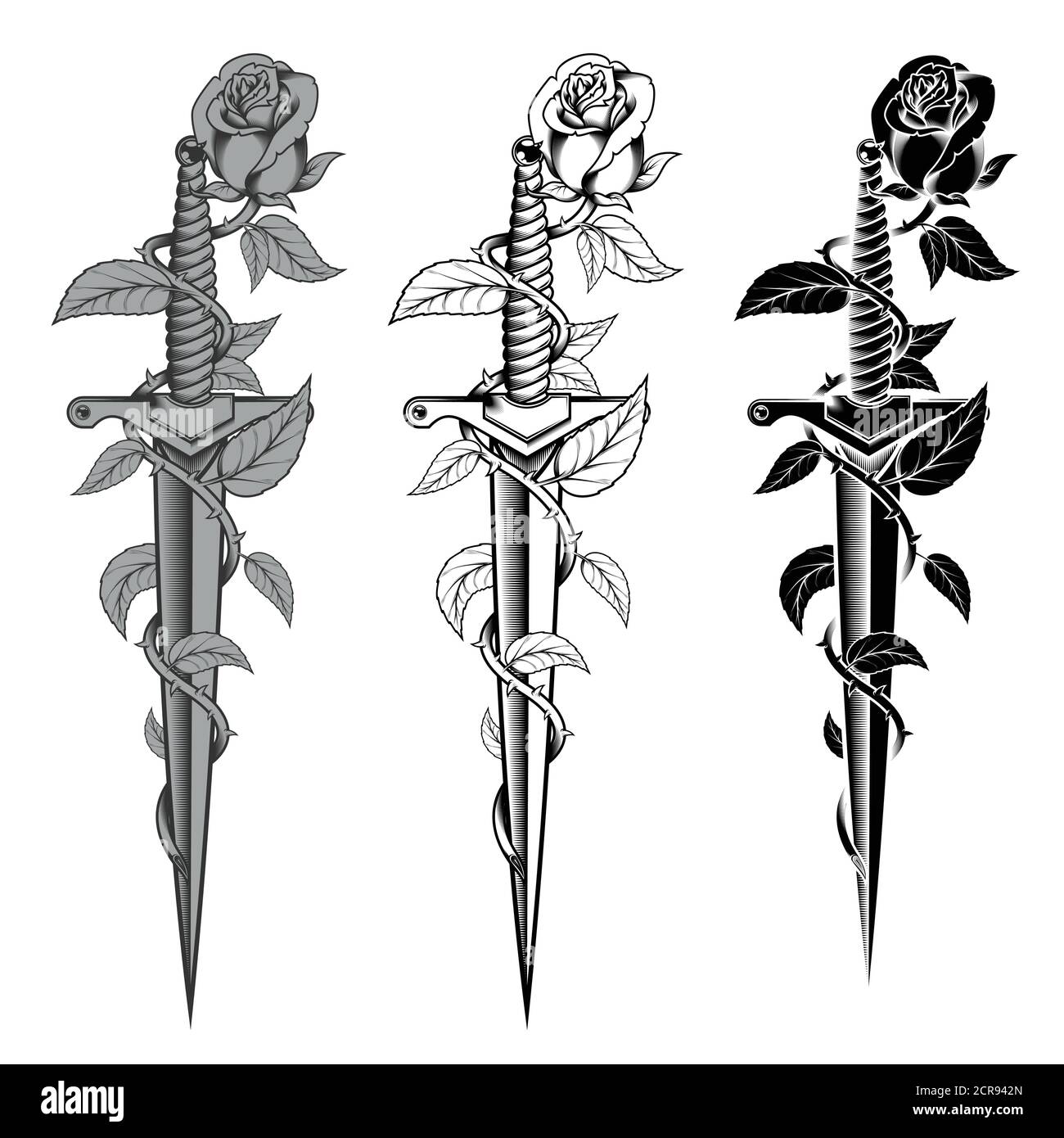 motif de roses vectorielles avec des épines enveloppant un poignard, vecteur de style noir et blanc Illustration de Vecteur