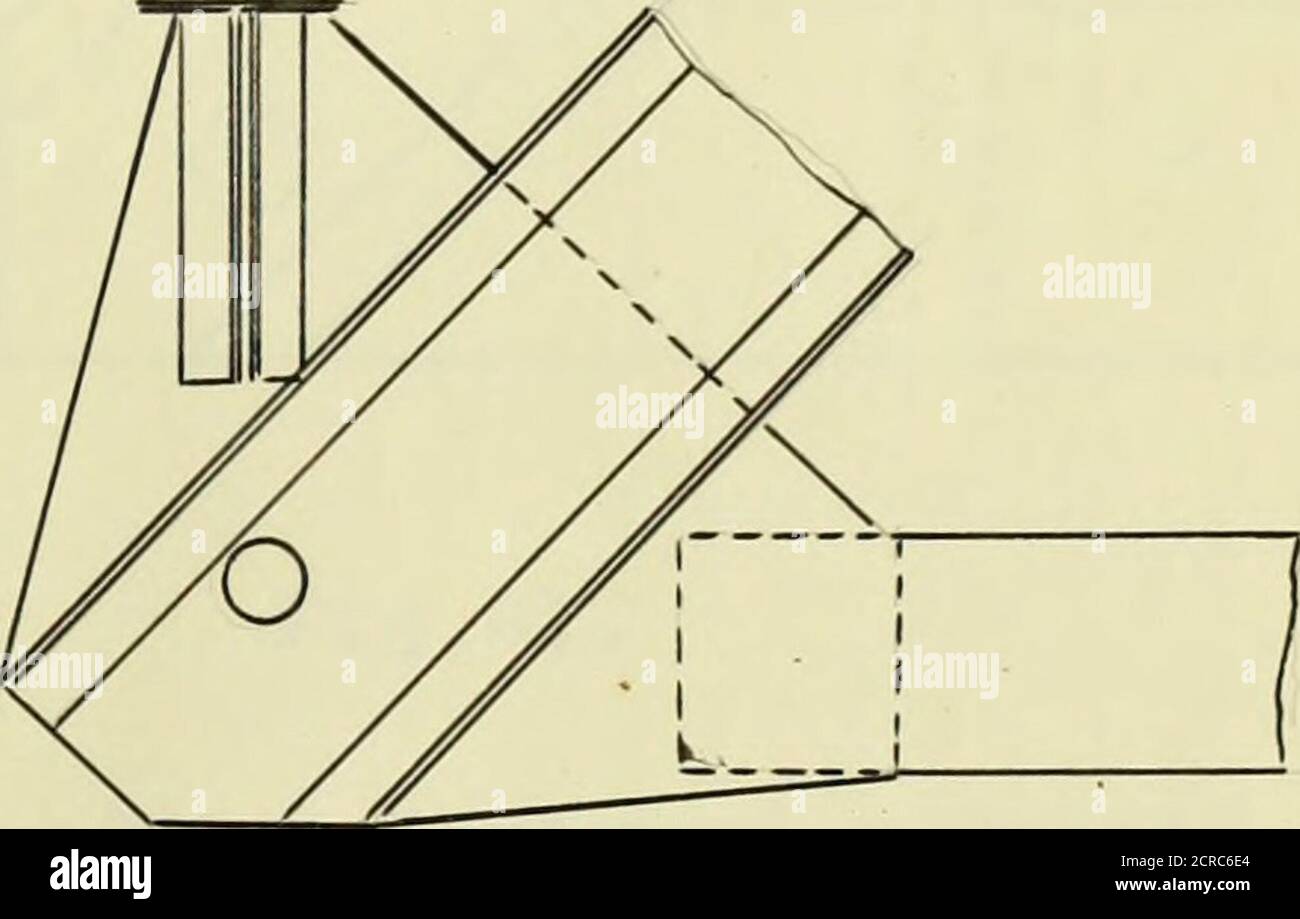 . Détails des ponts de treillis ferroviaire rivetés . Fig. 38. Porc.39. Une méthode d'utilisation de la plaque de jonction est illustrée dans Pig, 38. La corde inférieure et le montant d'extrémité ont la même largeur et sont reliés au moyen de deux plaques rivetées à l'intérieur des membres. Ce détail est net et économique. Une fonction à noter est plaques l'extension des deux^en dessous de la corde inférieure. Cette extensionfournit une connexion au piédestal, ce qui permet de fixer directement et rigidement la corde inférieure de l'appui sur le piédestal. La borne d'extrémité est rivetée sur le terrain à la plaque. Ce détail est bon. -24 une autre connexion de plaque rivetée Banque D'Images