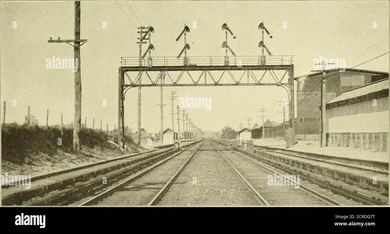 . Revue de chemin de fer électrique . Figure 9—liaisons ferroviaires inductives. Li électrifié équipé de l'arrangement semi-automatique de controlpour les signaux dans leurs limites, ceci étant accompli Jamaïque Yard, Springfield Junction, Valley Stream, Howard, et l'interverrouillage électrique à ozone Park. 982 REVUE DES CHEMINS DE FER ÉLECTRIQUES DÉCEMBRE 1906. Dans l'explication des illustrations : la figure 1 montre le signal d'arrêt dans le métro Flatbush. La figure 2 montre le portail de la voie d'accès à l'avenue Nostrand avec des signaux de limite est et ouest montés sur les murs de l'approche du tunnel. Fig- blocs et trois transformateurs de piste benea Banque D'Images