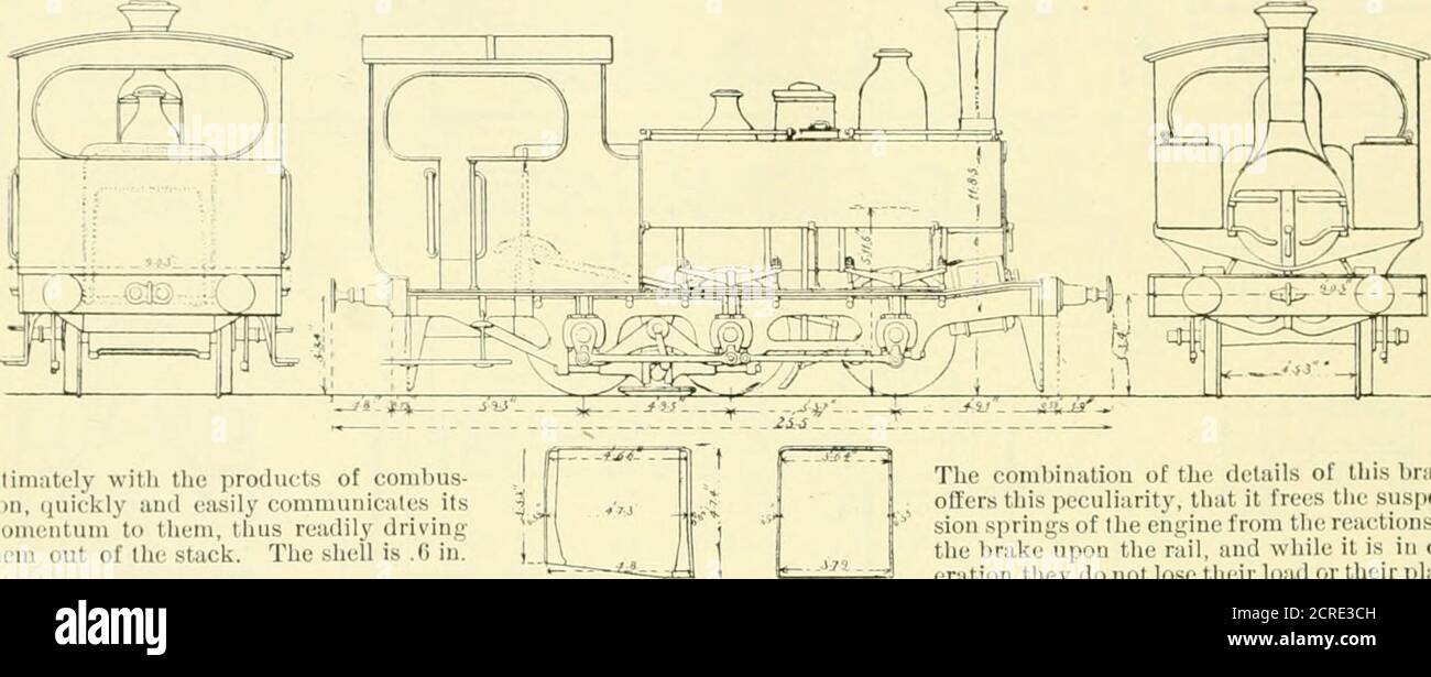 . American ENGINEER and Railroad journal . ves sont u.sed avec un diamètrede 4 in. Les châssis ont une épaisseur de 1.3 in., et sont espacés de 4 ft.4 in. Entre la roue motrice et 3 ft. ll).7 in. Entre la roue arrière du chariot. Les ressorts des roues motrices sont constitués de plaques d'acier de 8 ft. 3.4 po X 3.9 po X 3 po. ; celui de l'essieu arrière est composé de 10 olTset feuilles 3ft. 11 po X 3.1 po X .o po Le chemin de fer n'a qu'un seul examen de ce type de machini. 5. Siritchin;! hnr/iif. Ilijiv 51.—il s'agit d'un moteur à réservoir avec trois châssis et trois essieux. L'intérêt qui attachesitsel Banque D'Images