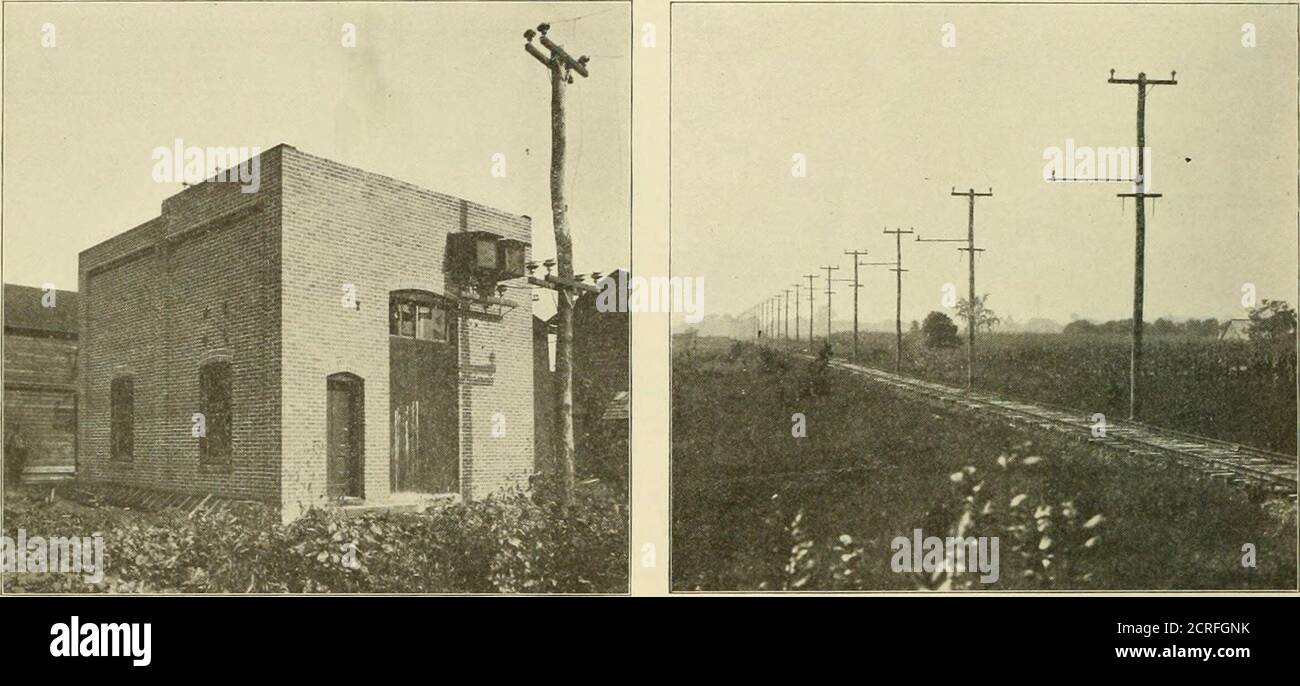 . Revue électrique de chemin de fer . vide l'espace intérieur longitudinalement dans une pièce de moteur 48 pieds à l'écart de la base des fermes de toit et une salle de chauffer35 pieds à l'écart de la structure de toit. La salle des machines est desservie par une grue du Nord d'une capacité de 24,000 livres. L'équipement actuel de la chaudière consiste en trois Stirling 592 ELECTRIC CHEMIN DE FER EXAMEN octobre, 1906. Unités de 450 chevaux (nominal) chacun, mis un seul et deux dans une batterie. La vapeur est générée à une pression de 165 livres. Cet équipement et les auxiliaires occupent mais la moitié de la chaudière, l'autre partie restant disponible pour les futureunités Banque D'Images