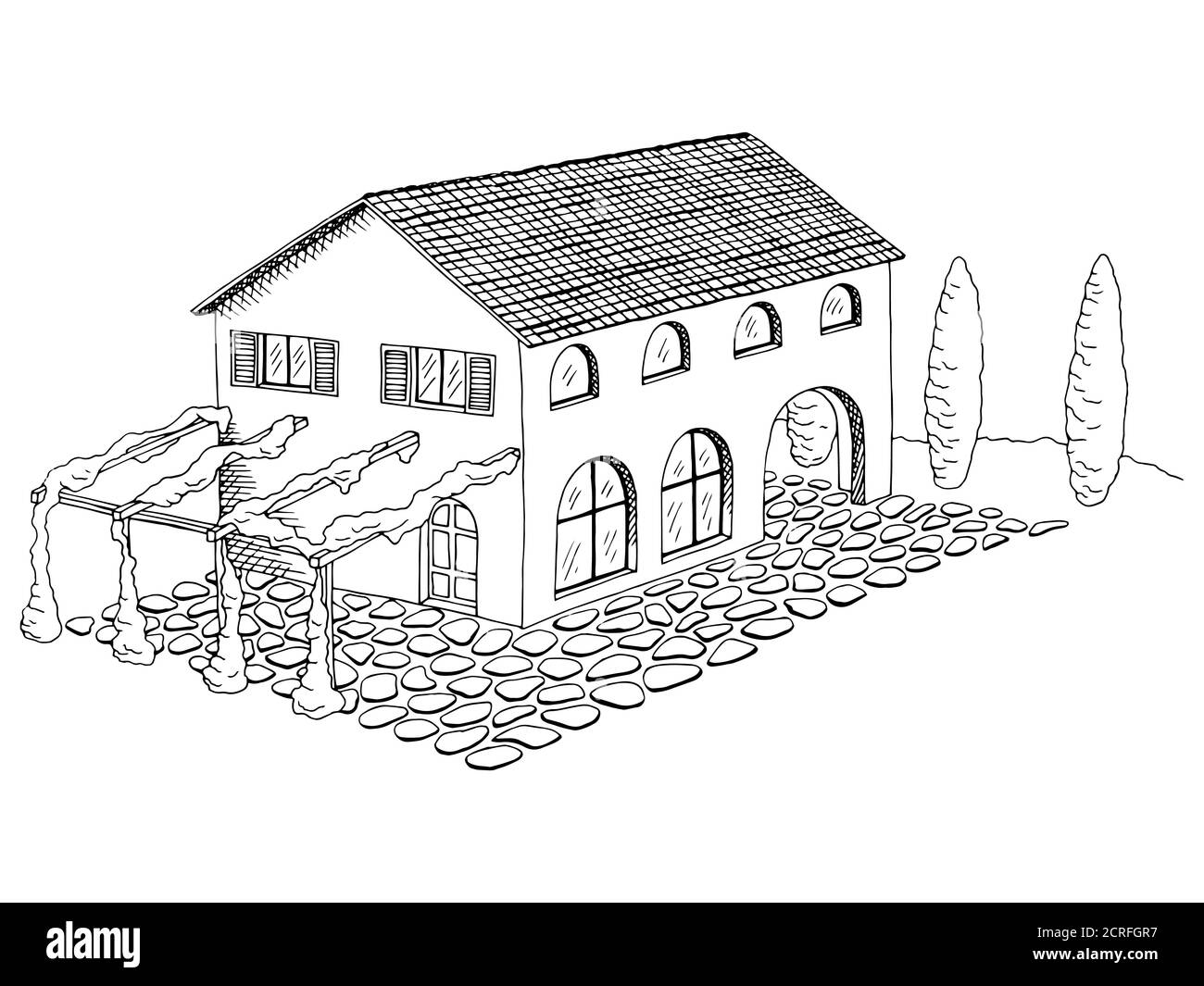 Village villa maison graphique art noir blanc paysage illustration vecteur Illustration de Vecteur