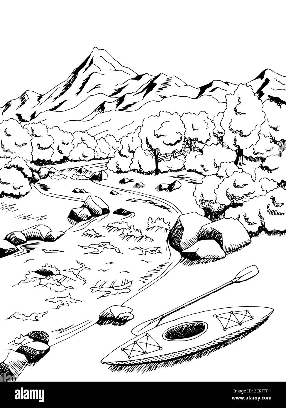 Mountain River kayak bateau graphique art noir blanc paysage illustration vecteur Illustration de Vecteur