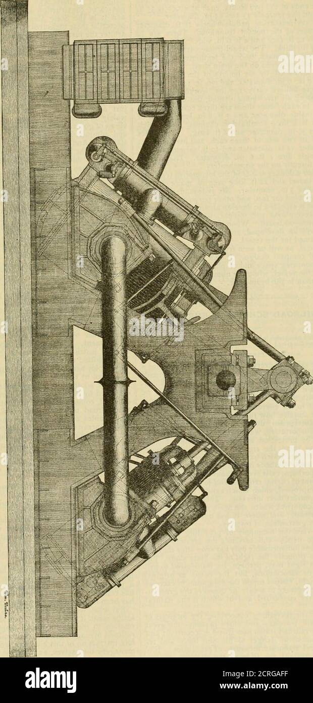 . Le chemin de fer et le tourillon . cylindre haute pression 14 in , diam-mètre basse pression 24 in, les deux 17 in. Course. Il existe également une pompe de circulation d'air auxiliaire. La pompe de circulation principale est une pompe d'acentrifugation avec tuyau d'aspiration et de refoulement d'un diamètre de 16 pouces. Le moteur est transporté par deux lourds keelsons de plaques d'acier et de cornières-fers, sur lesquels sont les GALLOSFRAMES EN FORME DE A des poutres de boîte construites de plaques de fer forgé et d'angles. Ces châssis sont reliés par des entretoises d'oscillation, et portent sur le dessus les cales d'oreiller de l'arbre principal. Thekeelsons reposent sur des keelsons de pin jaune sur le dessus de Banque D'Images