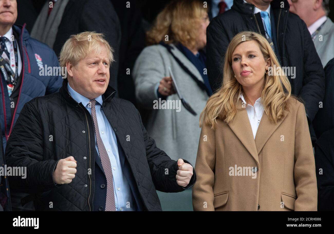 Le Premier ministre Boris Johnson et la fiance Carrie Symonds à Twickenham. Angleterre contre pays de Galles. 7/3/2020. CRÉDIT PHOTO : © MARK PAIN / PHOTO DE STOCK D'ALAMY Banque D'Images