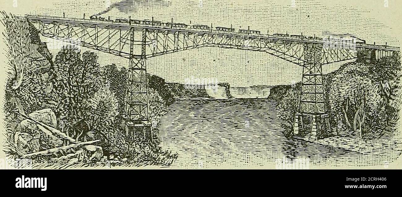 . Excursions d'été via le centre du Michigan, « la route des chutes du Niagara » .. . les endroits où il y a de la force ne sont pas loin. Les villes peuplées et prospères aussi semblent disparaître. Soixante-dix miles de Buffalo yve viennent à Rochester, une ville animée de 90 000 habitants, notée pour ses belles chutes du Genesee (environ 100 yardsdu pont de chemin de fer); sa farine, ses bottes et ses chaussures, ses moteurs et ses chaudières, ses outils agricoles, ses crèches et semences, son tabac, et ses patentsmedicaments, sa splendide université et son beau cimetière. L'ancienne route détourne de la ligne principale de Rochester et passe par Canand Banque D'Images