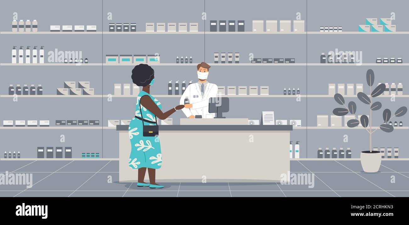 Intérieur de la pharmacie avec des personnes pendant l'épidémie de virus. Pharmacien dans le masque facial derrière le comptoir servir la plumeuse afro dans le masque de protection. Pharmacien Illustration de Vecteur