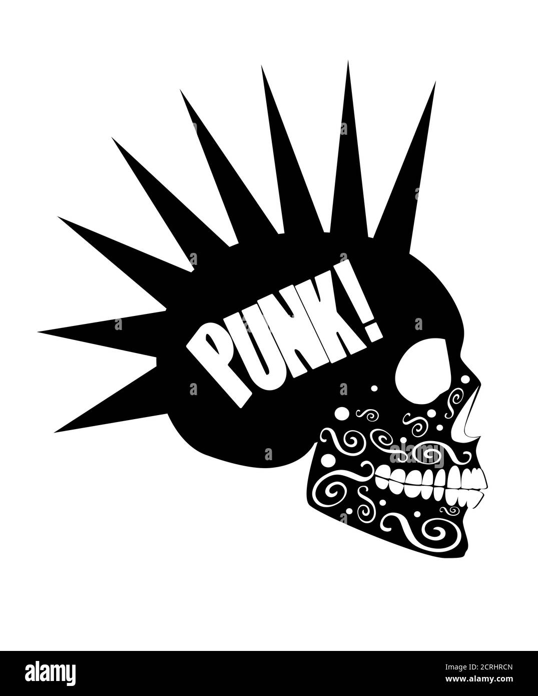 Vecteur d'icône du crâne avec texte punk, fond blanc Banque D'Images