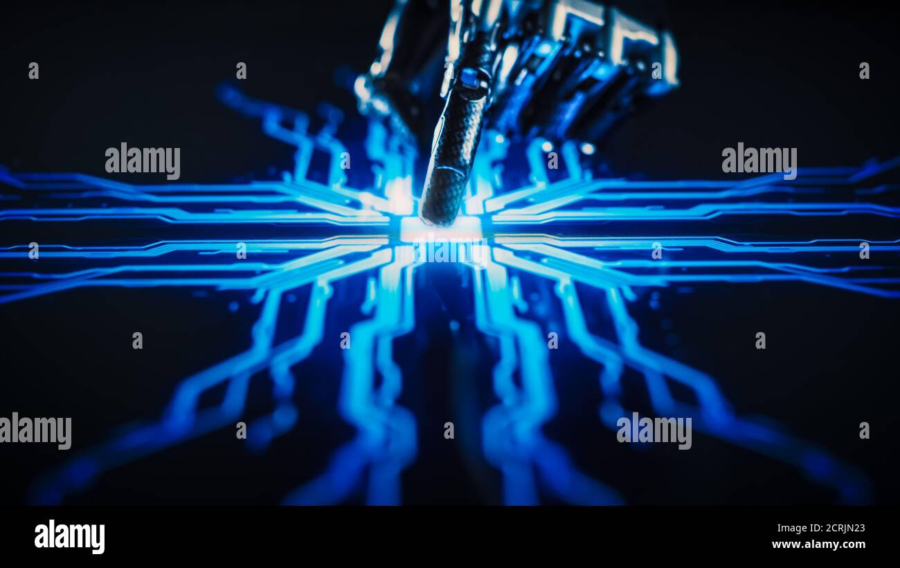 Concept de numérisation : bras robot futuriste en interaction avec l'écran, le doigt touche l'écran et active l'intelligence artificielle. Visualisation de Banque D'Images