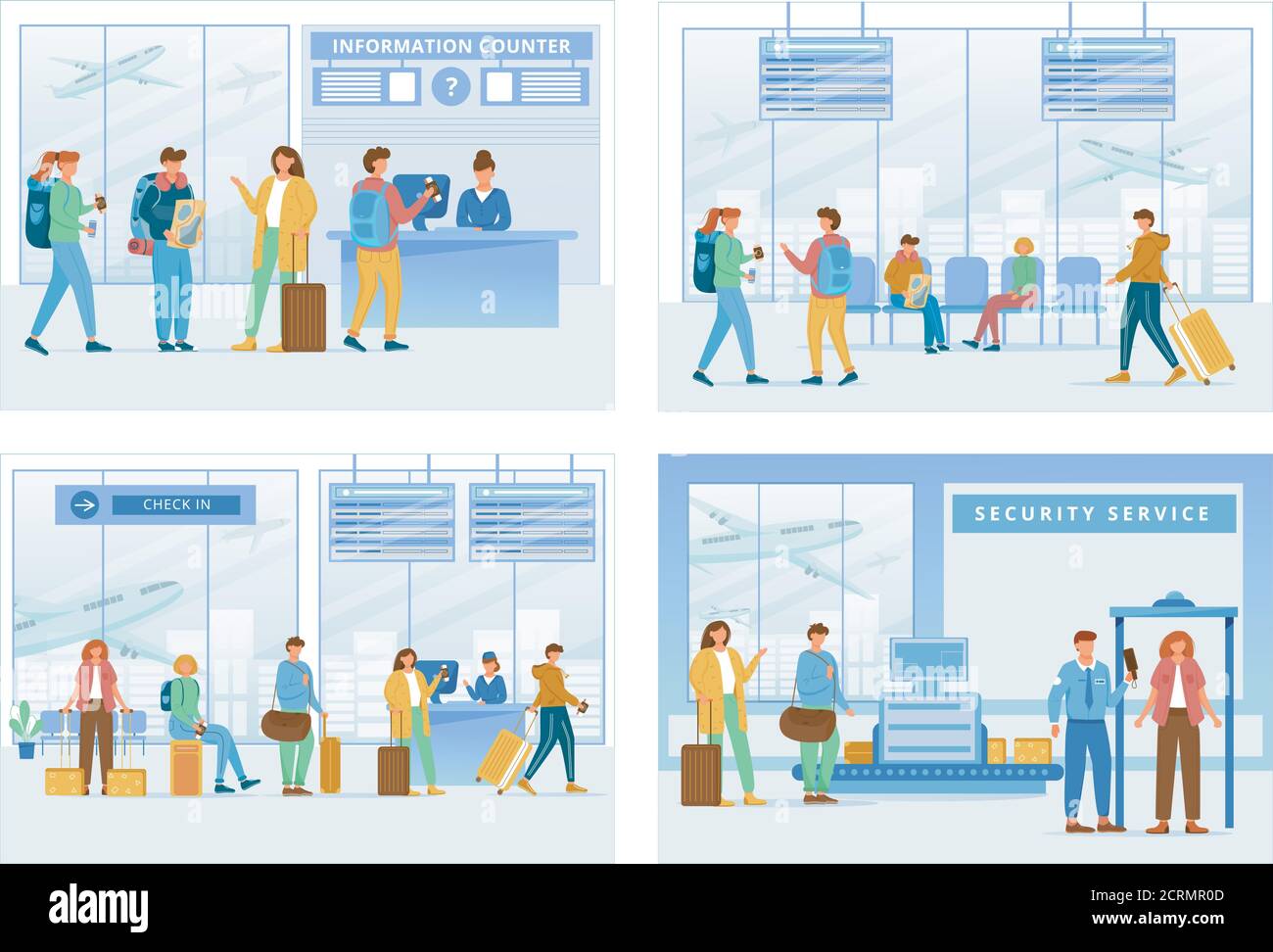 Jeu d'illustrations vectorielles plates AirPort zones. Comptoir d'information, salon, enregistrement, service de sécurité. Voyageurs dans l'aérogare. Les gens vont Illustration de Vecteur