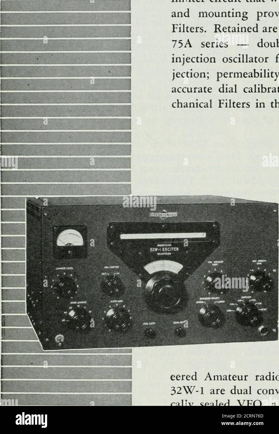 . TVQ . 75A-4RECEIVER. Le 75A-4 offre un passbandtuning, un AVC pour la réception à bande latérale unique, un filtre d'encoche d'éjection ponté, un circuit de calibrateur crys-tal, des séparateurs pour signaux à bande latérale double ou simple, un nouveau circuit silencieux qui fonctionne également bien sur SSB, AM ou CW, et une possibilité de montage pour trois filtres mécaniques distincts. Les caractéristiques éprouvées de la série earlier75A sont conservées : oscillateur de première injection à double conversion contrôlé par quartz pour une stabilité élevée et une bonne réjection des images ; oscillateur maître étanche à perméabilité réglée avec étalonnage précis du cadran et lo Banque D'Images