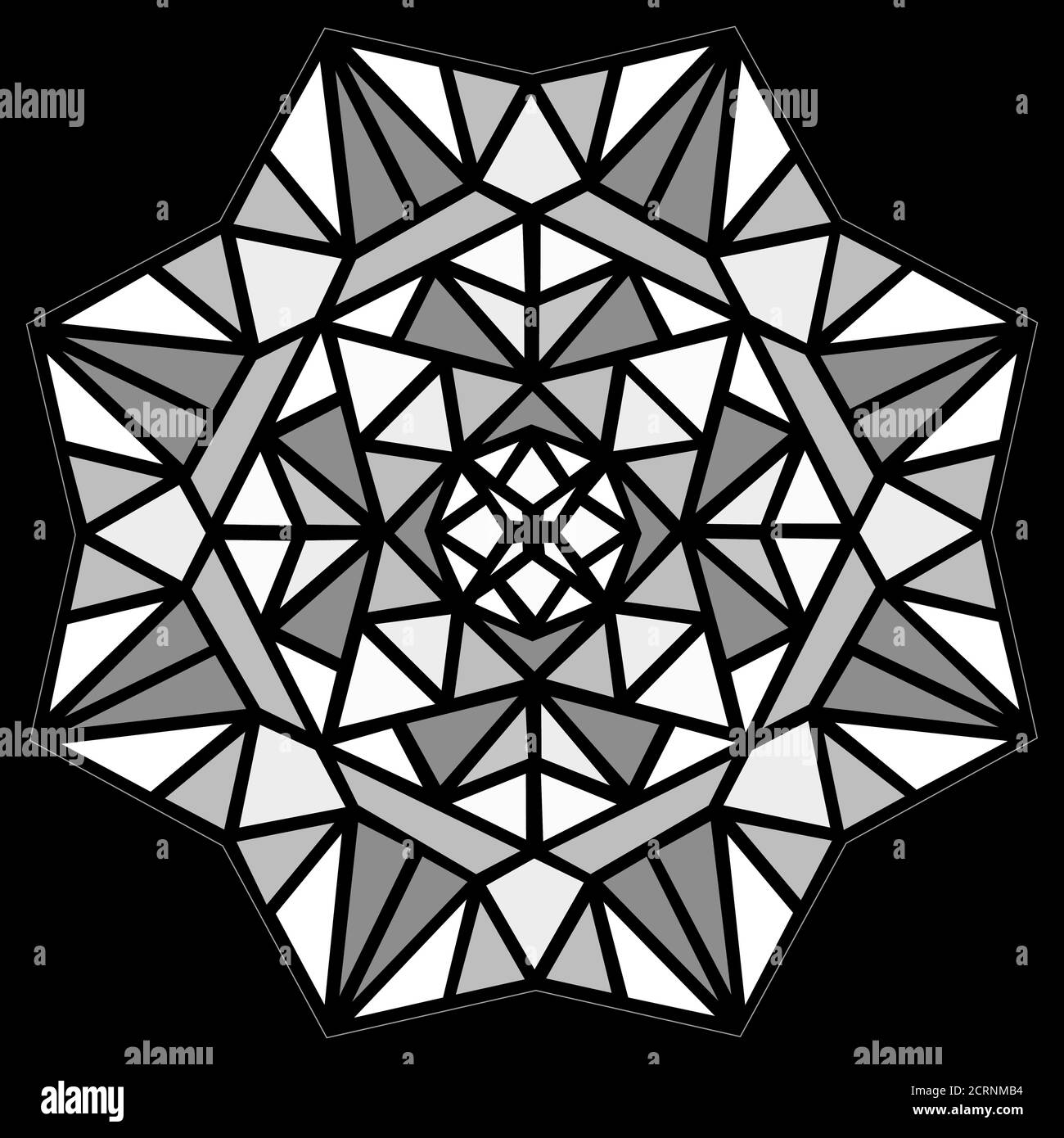 Motif de kaléidoscope abstrait monochrome. Mosaïque noir et blanc. Illustration vectorielle. Isolé sur un fond noir. Illustration de Vecteur