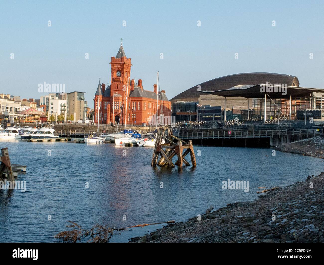 Baie de Cardiff avec le bâtiment Pierhead le Senedd l'Assemblée galloise et le Wales Millennium Centre, baie de Cardiff, Cardiff, pays de Galles, Royaume-Uni. Banque D'Images