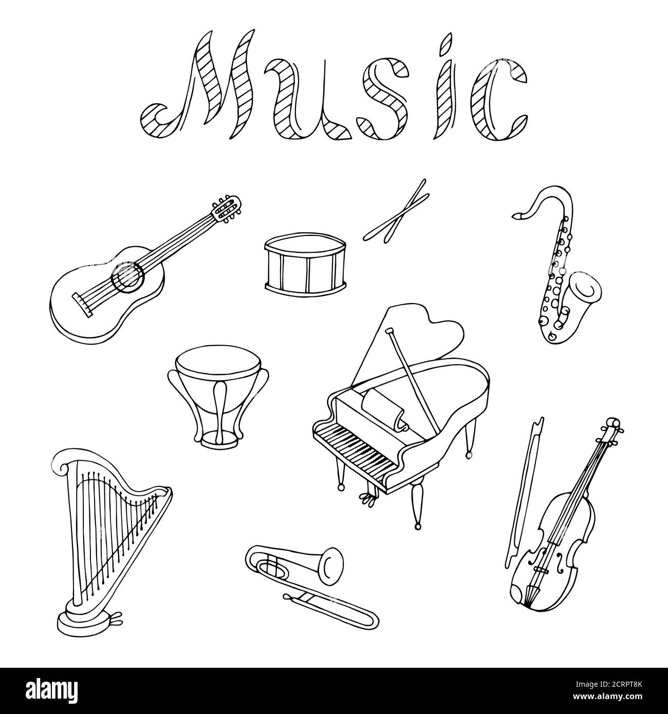 Jeu d'instruments de musique art graphique noir blanc isolé illustration vecteur Illustration de Vecteur