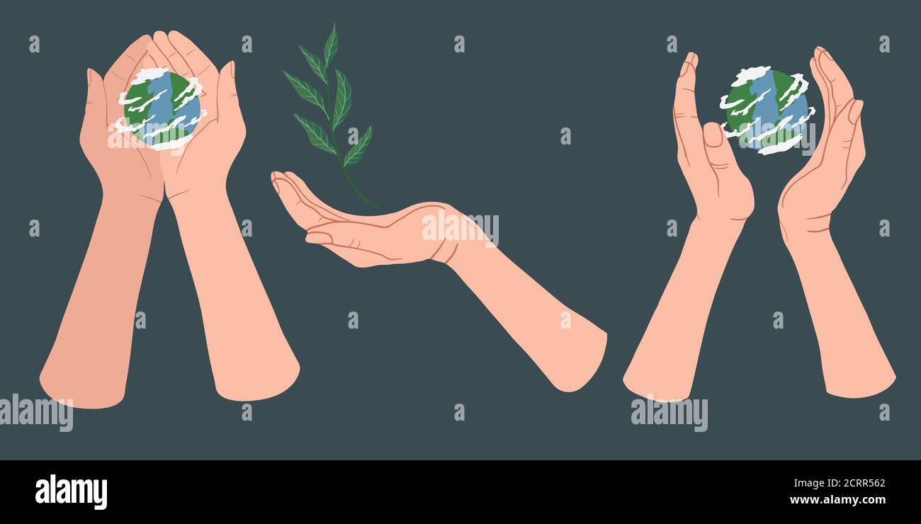 Jeu de mains tenant le globe terrestre sur fond bleu. Set avec les mains pour le jour de la Terre. Concept d'écologie des vecteurs pour l'affiche sociale, la bannière ou la carte sur le Illustration de Vecteur