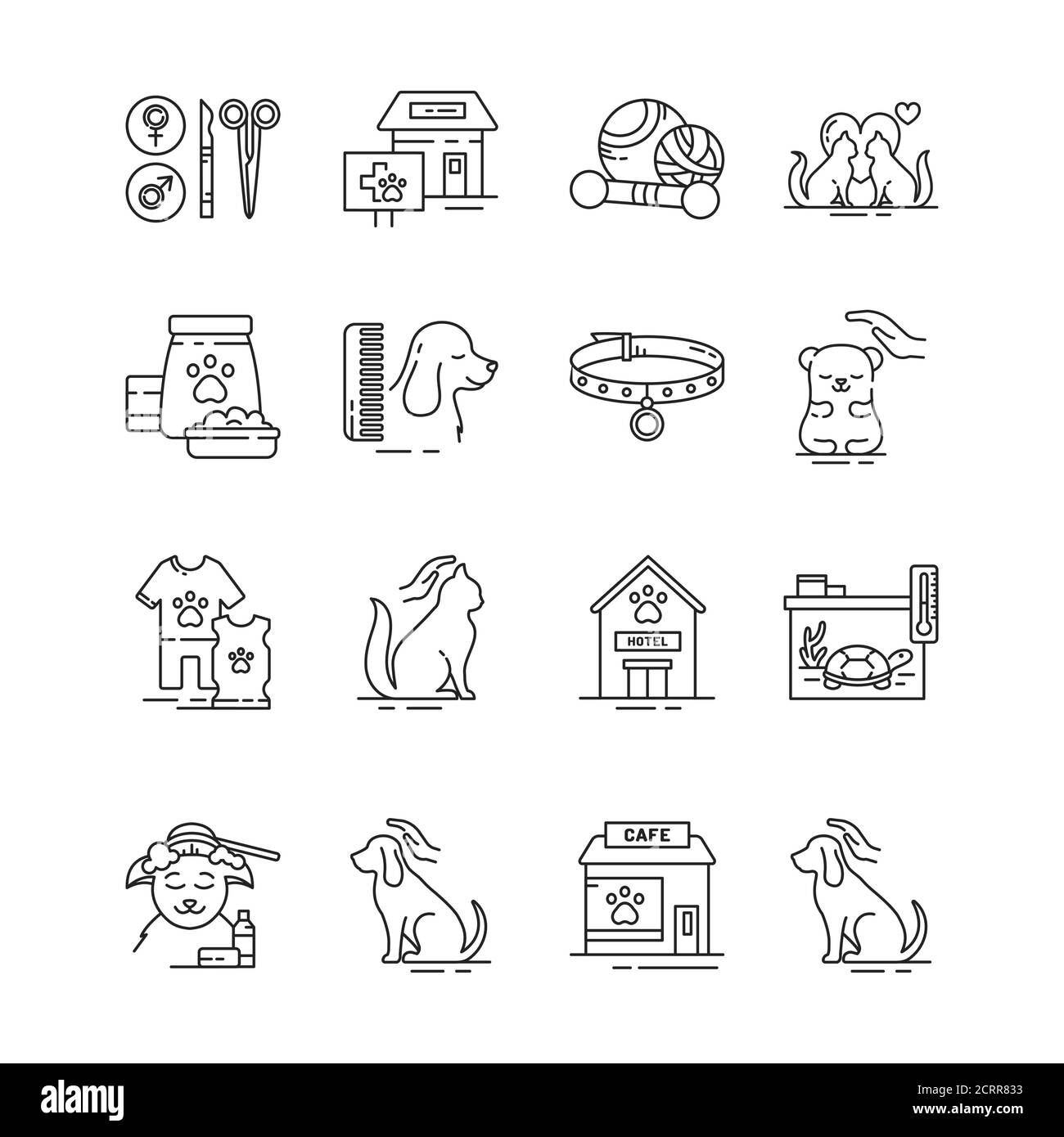 Ensemble d'icônes de la ligne noire PET Care. Services de qualité pour les animaux de compagnie. Améliorer leur vie. Pictogramme pour page Web, application mobile, Promo. INTERFACE UTILISATEUR GRAPHIQUE UTILISATEUR UX Illustration de Vecteur