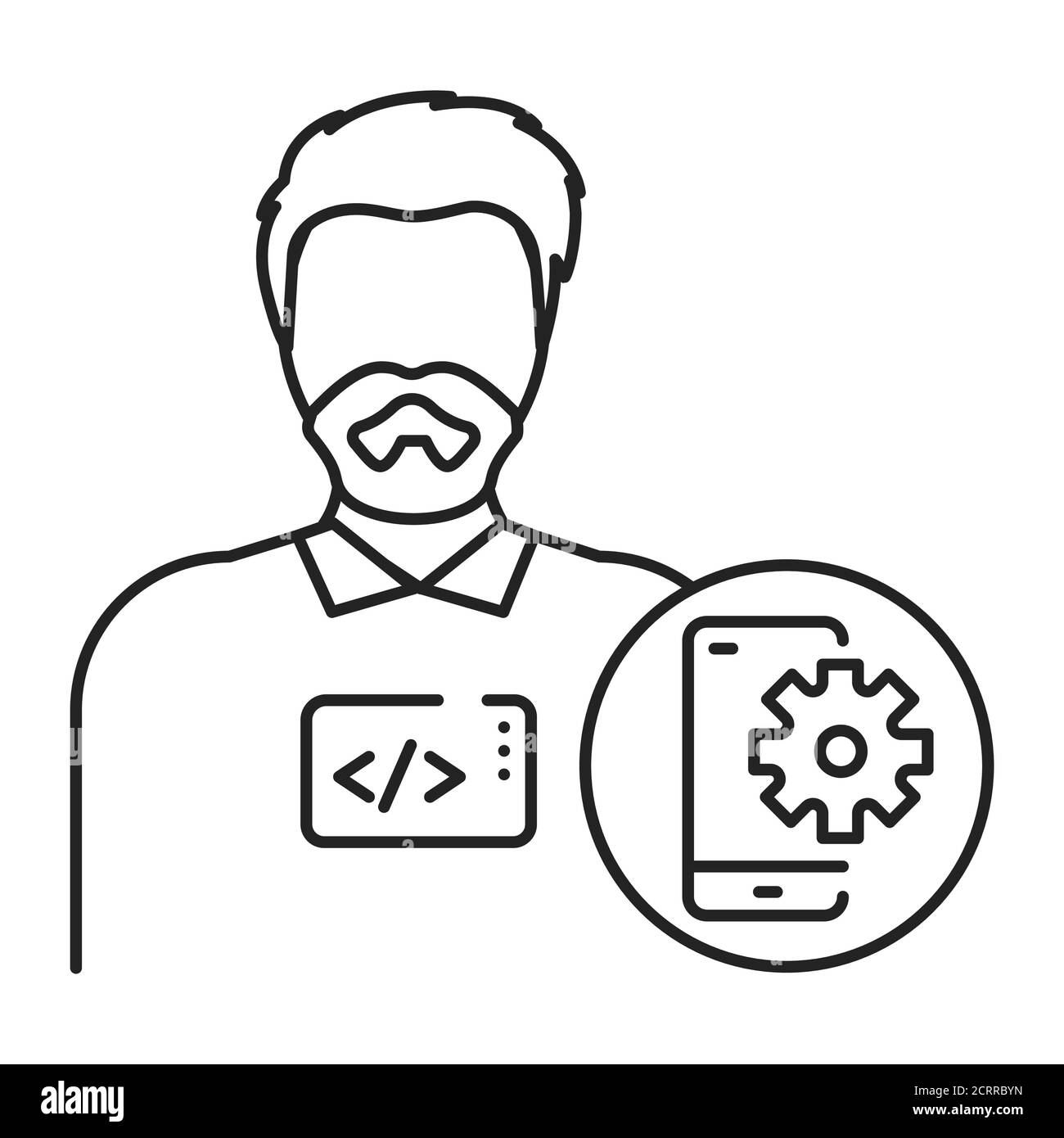 Icône de la ligne noire du développeur d'applications mobiles. L'ingénieur logiciel est engagé dans le test et la programmation des applications. Icône pour page Web, application mobile, Promo Illustration de Vecteur