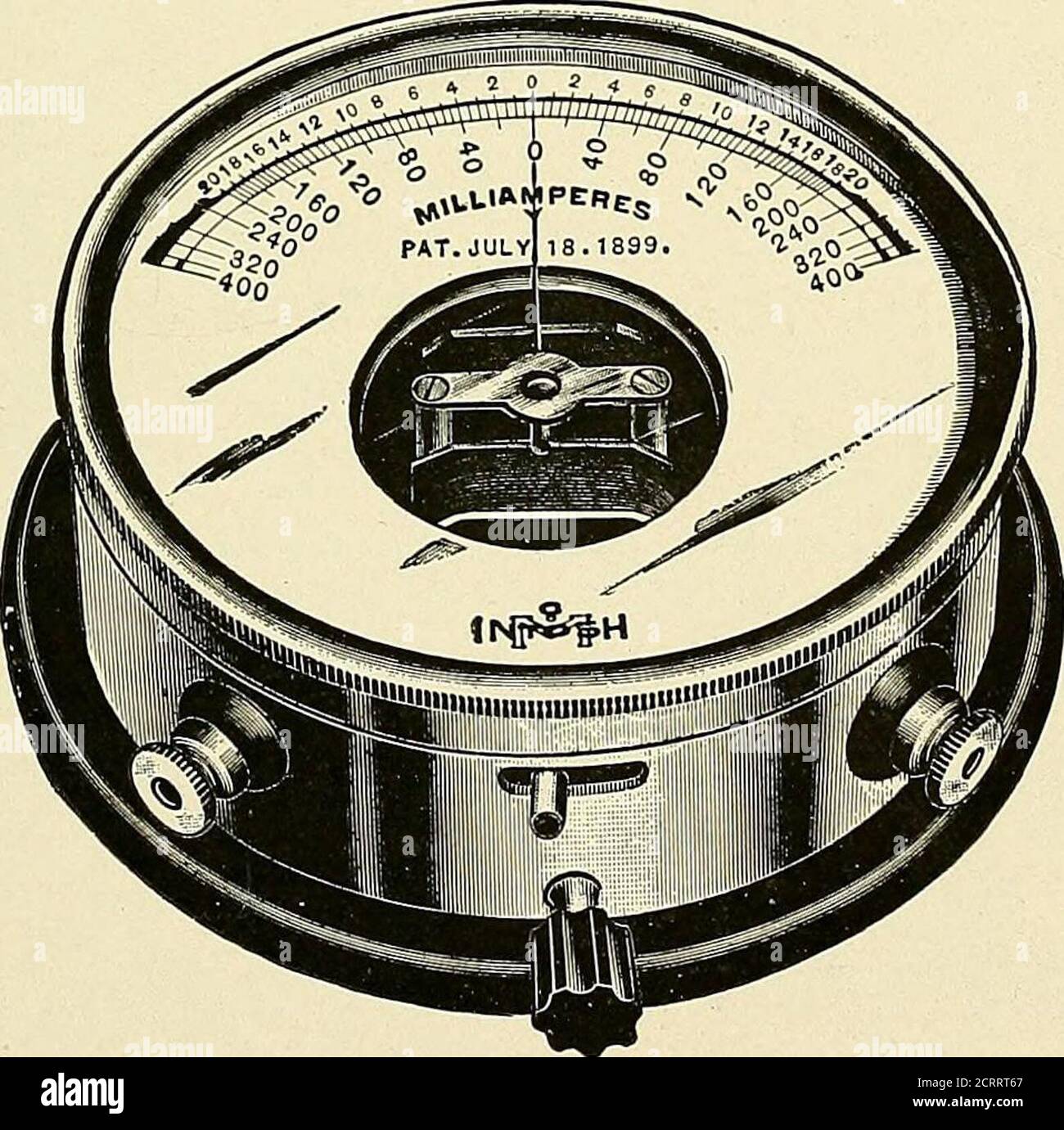 . Electro-thérapeutique pratique et radiothérapie : avec des chapitres sur la photothérapie, la radiographie en chirurgie oculaire, la radiographie en dentisterie et l'aspect médico-légal de la radiographie . Figure 41.—ampèremètre.. Figure 42.—milliampéramètre. Échelle bratée, qui indique la pression ou la force du courant, selon le cas. Construction et fonctionnement de l'ampèremètre.—si plusieurs tourniquets de fils de cuivre isolés sont passés autour d'un galvanomètre délicat, 78 ÉLECTROTHÉRAPEUTIQUE PRATIQUE ET THÉRAPIE par rayons X de sorte que les tours soient parallèles à l'aiguille au repos, et que le courant galvanique passe à travers la bobine, l'aiguille Banque D'Images