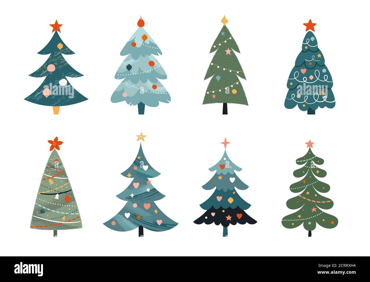 Collection arbres de Noël, design moderne et plat. Autocollants, éléments, affiches Joyeux Noël, icônes. Illustration vectorielle Illustration de Vecteur