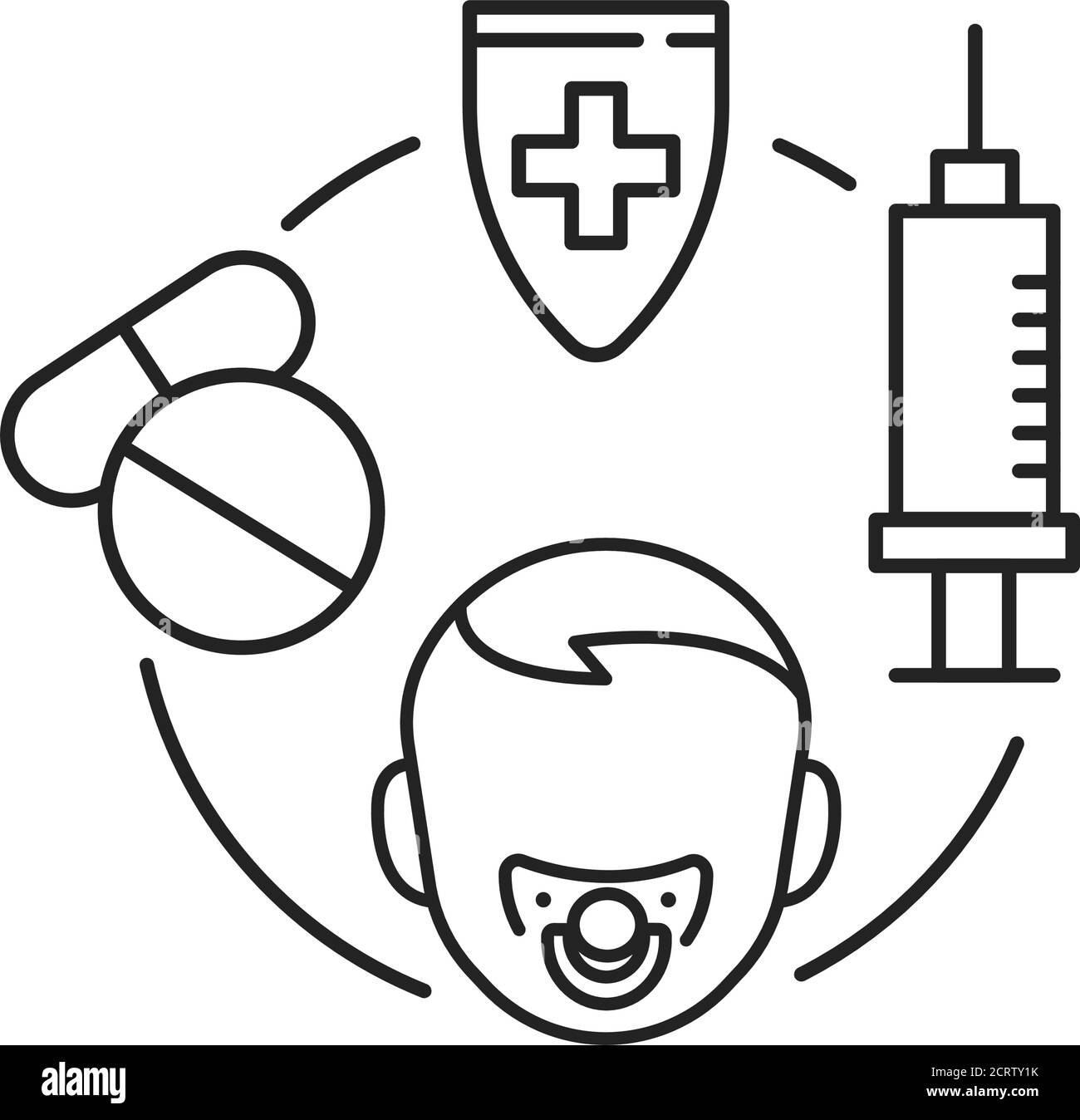 Icône de la ligne noire de vaccination des enfants. Signe de soins de santé pédiatriques. Traitement, prévention et immunisation. Pictogramme pour page Web, application mobile, Promo Illustration de Vecteur