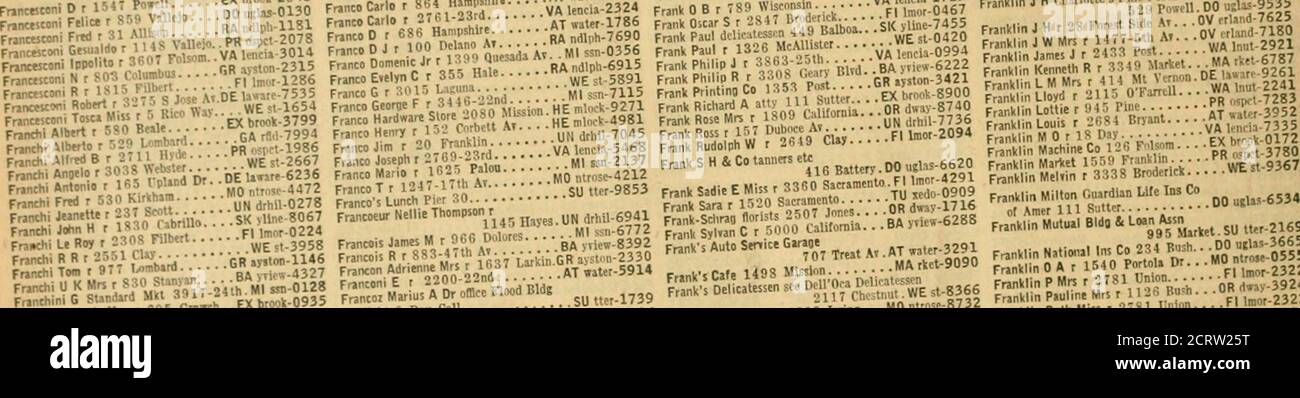 . Annuaire téléphonique des comtés de San Francisco et Bay . FrmCTSChini E J r 43 -?.S:a930 F^neo âr^e.^,p--^^ 1272 Frankln Floy mn r 2930 IMne. 2063 Franklm F.^er.ck E^9^3^â âV. GR AS ,u. â-8031 ll Frlnklln H E Van ^^^i;^^^ ^.-GR ayston-3412 Franklin Hin7Prolt.*Mirk.t g^ ,,j gig; SU tter-6987 p^,iâ Hospital 111* *  NÂ« ^J âdâ.9734 0356T^3338, T. FR^ B^Â« ^^^^^^ lio ? Â»Â»Â» cv Â»,fftnV-9R4B ... .. 1.1.* À waler-O^tl -*^ Â»IA lan^ a.l. 729 L ... Â u ci.^.lntii.c*!. inn Foods - FraiKBConi 0 1 si- Po.pll ... .EX brook-2848r 1541 P-,- Â Â Â Â Â Â Â Â, Â-ni30 1 Frank Banque D'Images