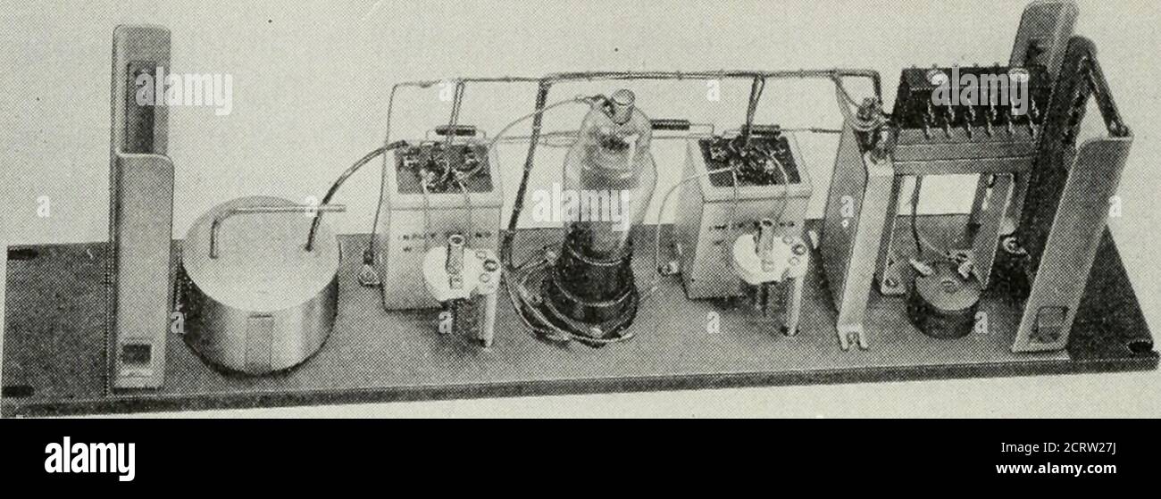 . Le journal technique de Bell System . Figure 3—circuit de l'oscil de pont expérimental. Faces principales revêtues entre les petites électrodes métalliques mises à la terre pour s'adapter et passant le conteneur. Certains des paramètres du circuit sont répertoriés ci-dessous : RI = lampe à filament tungstène, RI = 100 ohms, RS = 150 ohms, ZI = 100 kc. Cristal. Caractéristiques à la résonance:i?4 = 114 ohms,XL = XC = 11,900,000 ohms,Q = 104,000,i?5 = i?6 = 150 ohms (env.),i?7 = 500 ohms,R% = 200 ohms,IMI = 422 (gain de tension 52.5 dh de e à E). 584 JOURNAL TECHNIQUE DU SYSTÈME BELL. Figure 4—oscillateur stabilisé en pont expérimental sans provision Banque D'Images