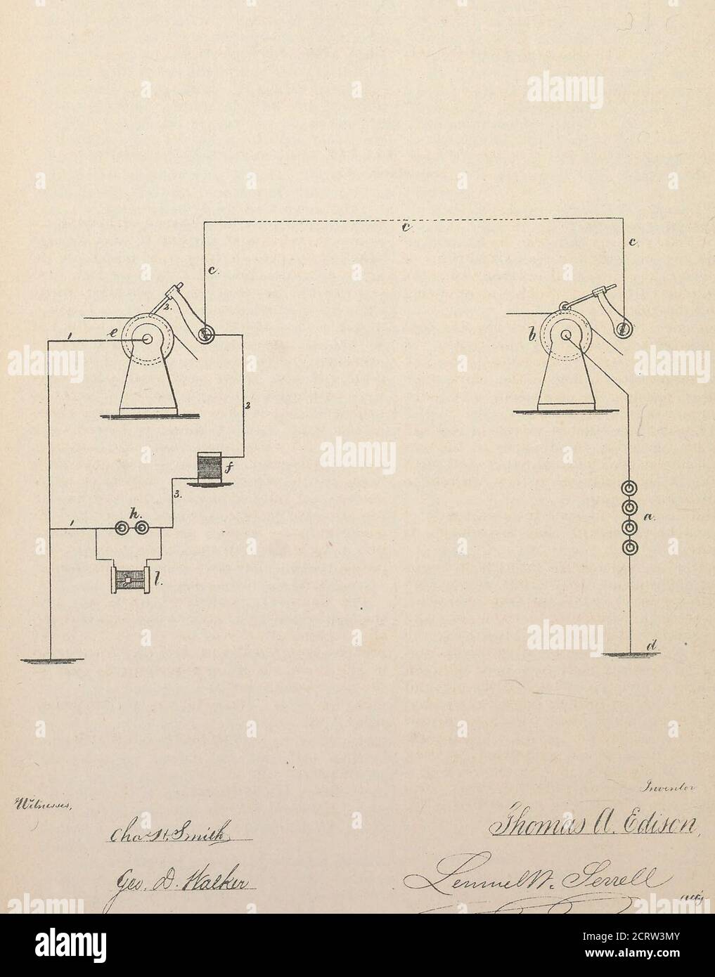 . Collection de brevets des États-Unis accordés à Thomas A. Edison, 1869-1884 . ers sur la roue de type et assurant une grande rapidité dans l'enregistrement, substan-tially comme indiqué et décrit ici. 9. Dans une impression télégraphique,une roue de type pro-vided avec des lettres, des chiffres, ou des caractères, qui sont disposés en deux lignes différentes autour de la périphérie de ladite roue, et de telle manière que les lettres, les chiffres, ou les caractères dans une ligne doivent être en face des espaces vides dans l'autre ligne, essentiellement comme dans le présent speci-fait. 10. Un instrument d'impression-télégraphe avec le circuit métallique de la ligne principale passe Banque D'Images