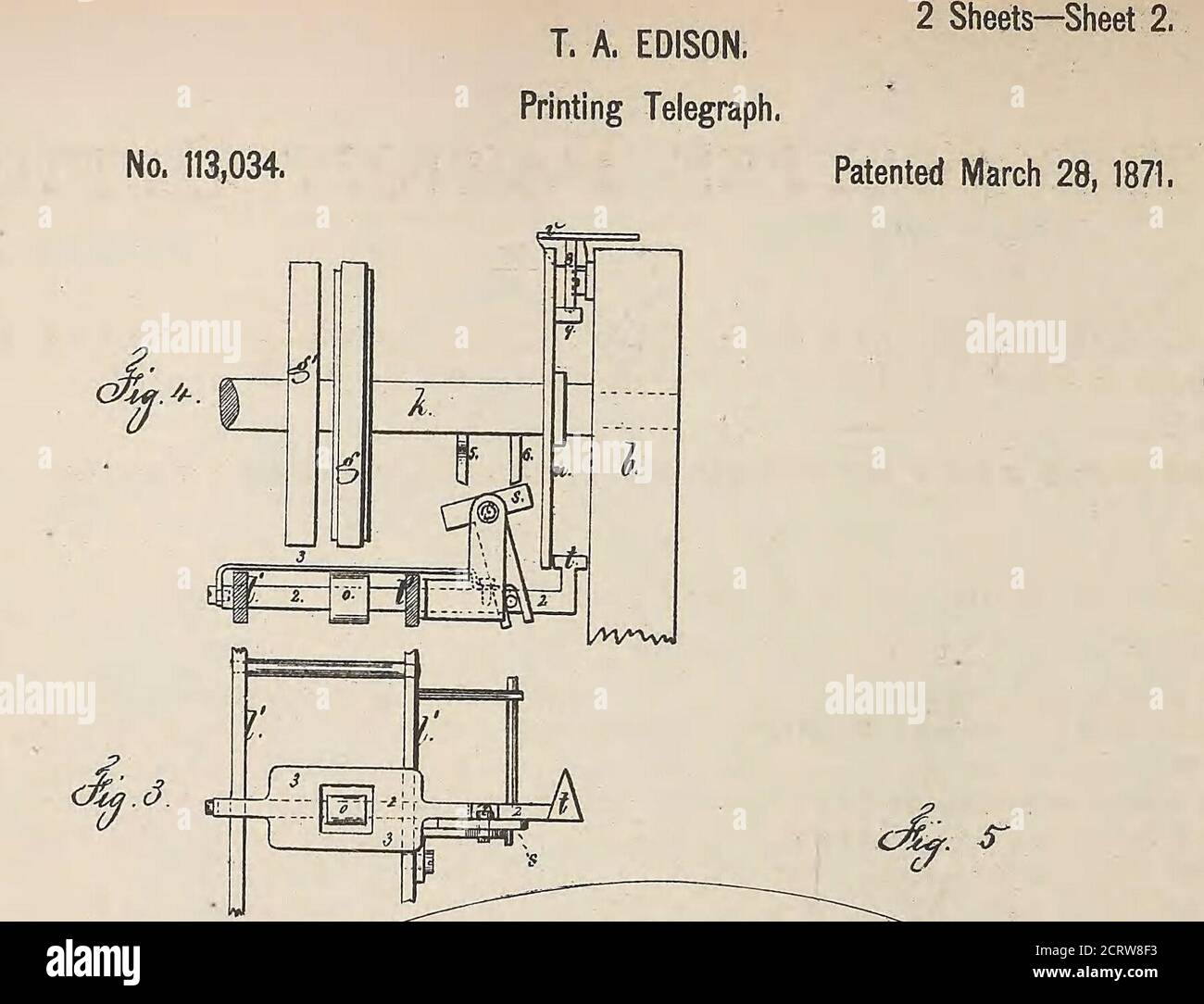 . Collection de brevets américains délivrés à Thomas A. Edison, 1869-1884 . N. PETERS, PHOTOLITHOGRAPHE, WASHINGTON, D. C.. Office des brevets des États-Unis. THOMAS A. EDISON, DE NEWARK, NOUVEAU JEESEY, CÉDANT À LA SOCIÉTÉ GOLDAND TELEGRAPH, DE NEW YORK. AMÉLIORATION DE L'APPAREIL D'IMPRESSION-TÉLÉGRAPHE. Cahier des charges faisant partie des lettres patentes no 113,034, en date du 28 mars 1871. A tous ceux qui le concernent : que je sais que moi, Thomas A. Edison, ofNewark, dans le comté d'Essex et l'État du New Jersey, nave a inventé une amélioration dans l'impression-télégraphes, et les suivantes se sont déclarées être Banque D'Images