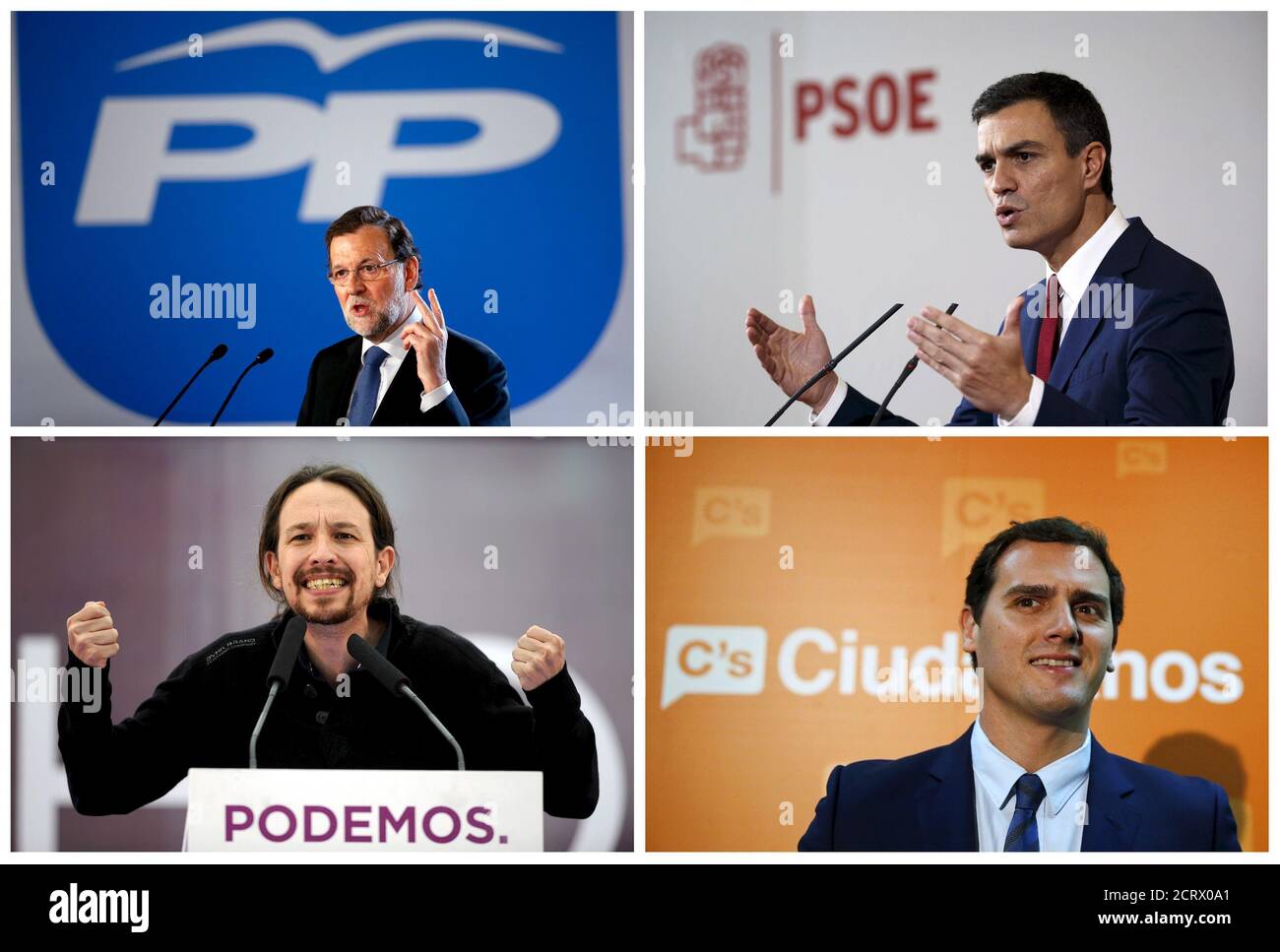 Une combinaison de photos de fichier montre (dans le sens des aiguilles  d'une montre à partir du haut L) le Premier ministre espagnol Mariano Rajoy  à Barcelone, Espagne, janvier 31, le leader