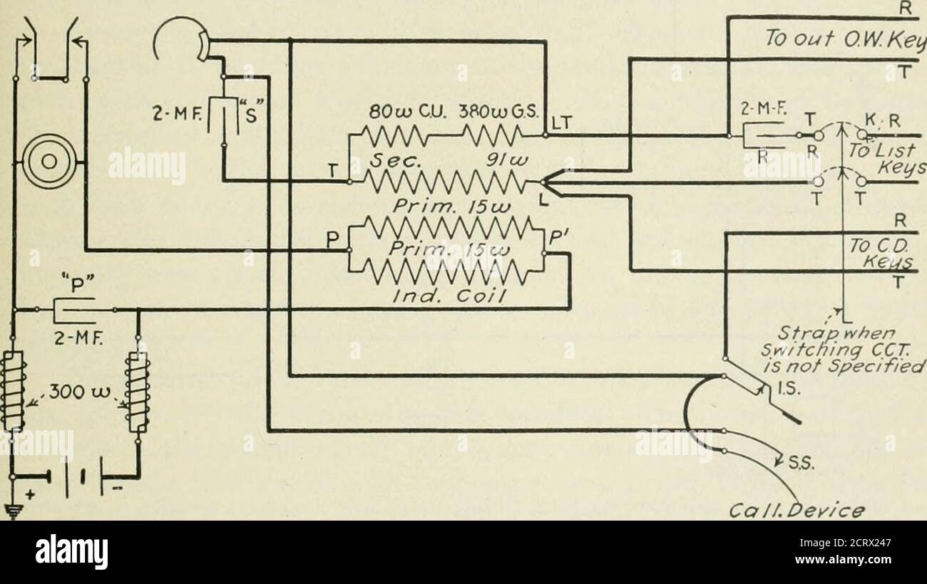. Téléphonie automatique; un traité complet sur les systèmes automatiques et semi-automatiques . o la CENTRALE électrique pilote, LES ÉQUIPEMENTS DE SUPERVISION ET DE TEST 379 relais et batterie négative. Il ferme également le circuit au moyen du contact d'échantillonnage à travers l'enroulement de 150 ohms de la bobine d'induction B.le courant induit qui est généré pour un instant, car le circuit à travers cet enroulement de B est fermé, dans l'enroulement de 500 ohms de B et l'enroulement de 500 ohms de C, Fait en sorte que C attire son armature pour un instant.ce court-circuit la ligne suffisamment longtemps pour que le relais de coupure de la bague de l'interrupteur du collier puisse fonctionner Banque D'Images