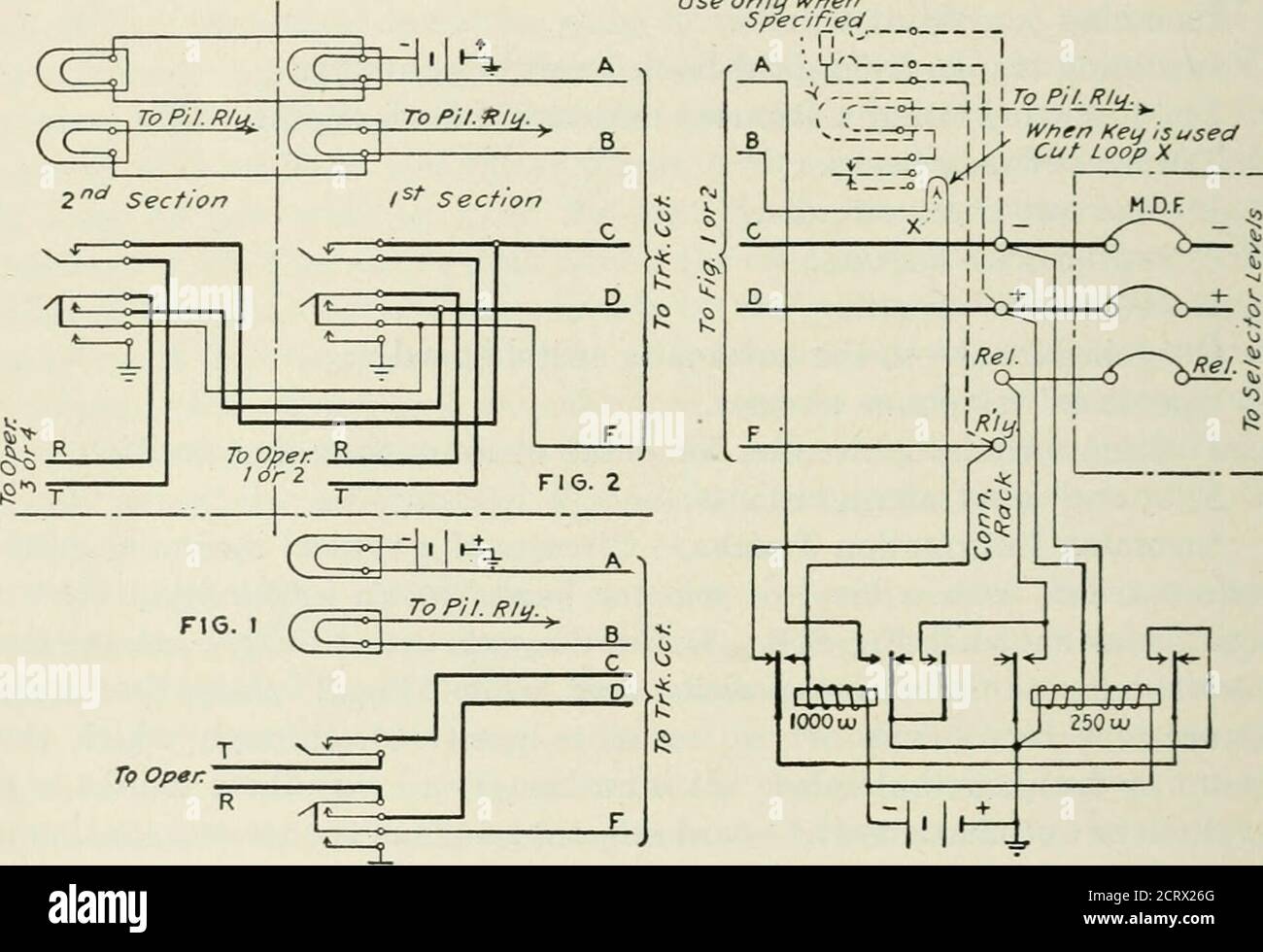 . Téléphonie automatique; un traité complet sur les systèmes automatiques et semi-automatiques . oop.lorsque ce relais attire son armature, il allume les lampes de signalisation de ligne, et met à la masse le coffre d'ouverture. L'employée répond en lançant une clé associée au tronc en 370 A U TOM A TIC TELEPHON y sa position, connectant ainsi son émetteur et récepteur à travers thetrunk, et en actionnant le relais de coupure de 1000 ohms. Lorsque ce relais fonctionne, il coupe le témoin lumineux et met à la masse le déverrouillage de l'aérateur supérieur du coffre par l'abonné. Il ferme également un circuit de verrouillage par les ressorts Banque D'Images